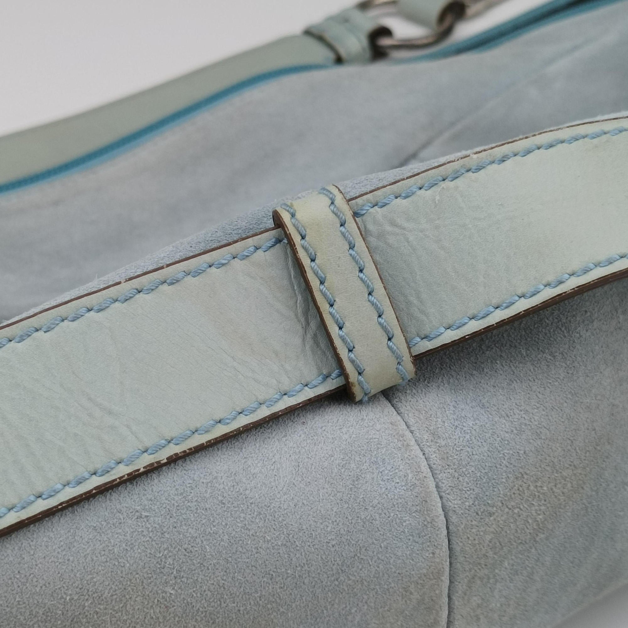 Pre-owned Yves Saint Laurent Rive Gauche Mombasa Light Blue Suede 205118 shoulderbag | stylenewstar