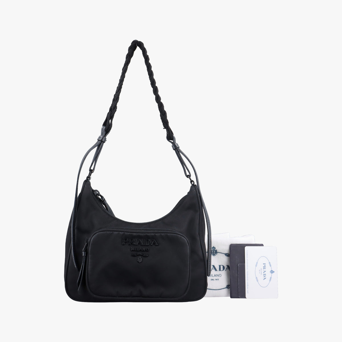 Pre-owned Prada Tonal Logo Hobo Black Nylon  shoulderbag | stylenewstar