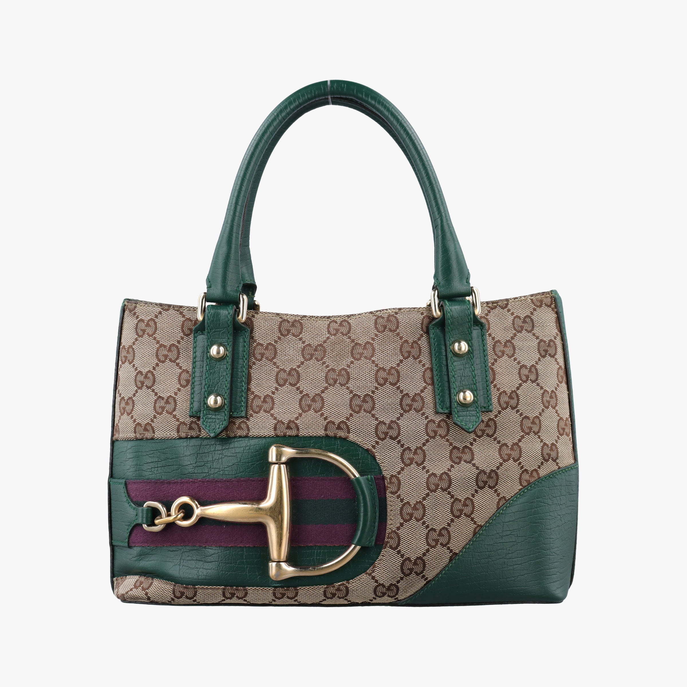 Pre-owned Gucci Horsebit Hasler Green × Brown GGCanvas×Leather 137475 handbag | stylenewstar