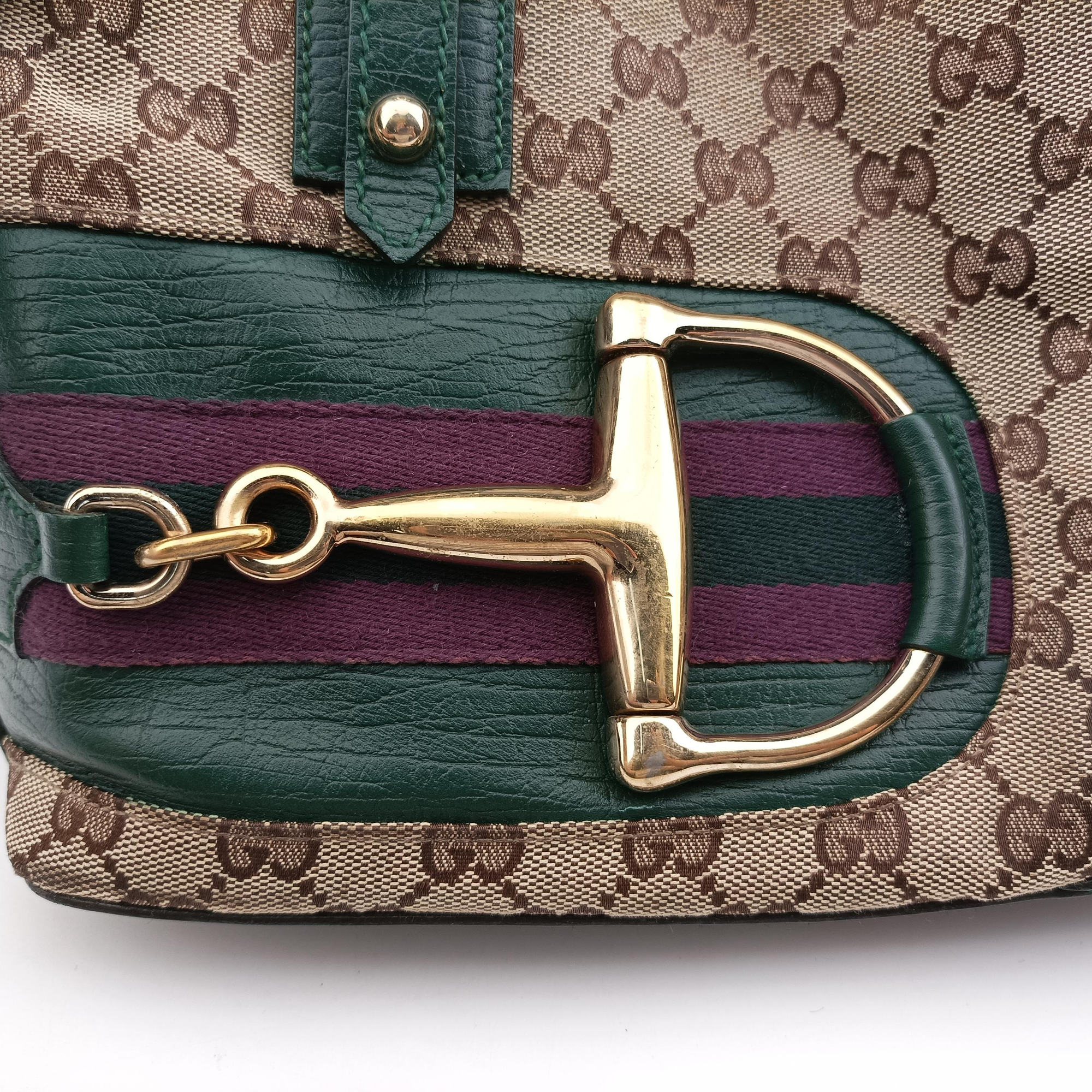 Pre-owned Gucci Horsebit Hasler Green × Brown GGCanvas×Leather 137475 handbag | stylenewstar