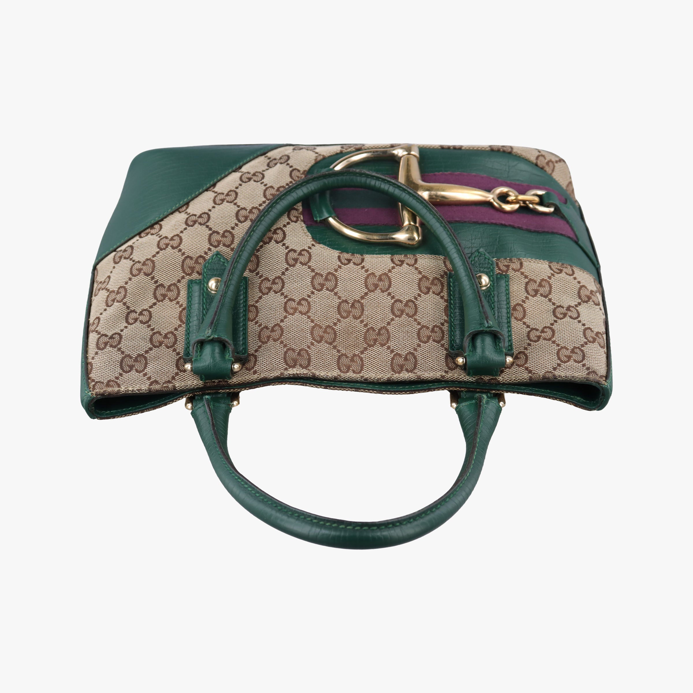 Pre-owned Gucci Horsebit Hasler Green × Brown GGCanvas×Leather 137475 handbag | stylenewstar