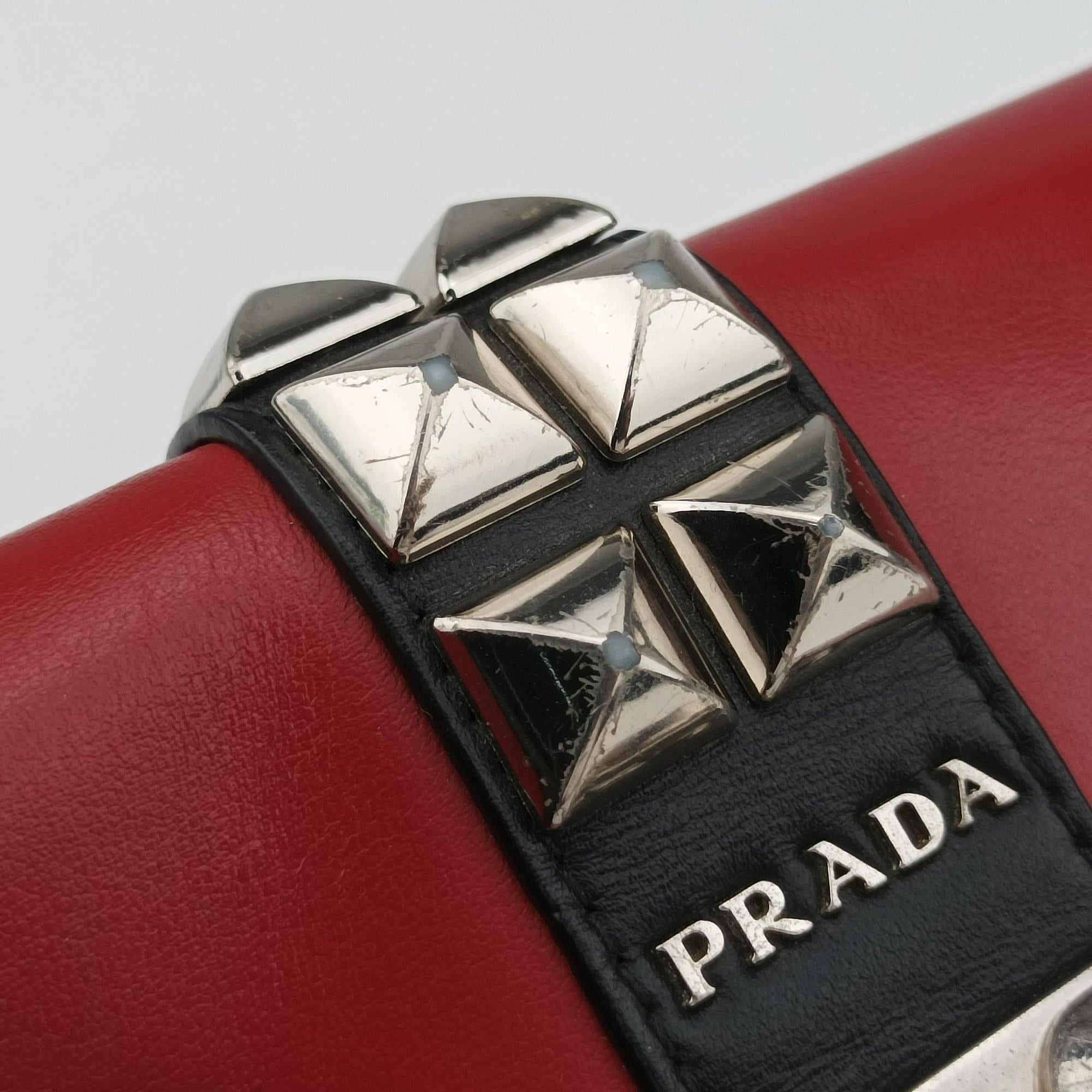 Pre-owned Prada Elektra Studded Red Leather IDH061 shoulderbag | stylenewstar