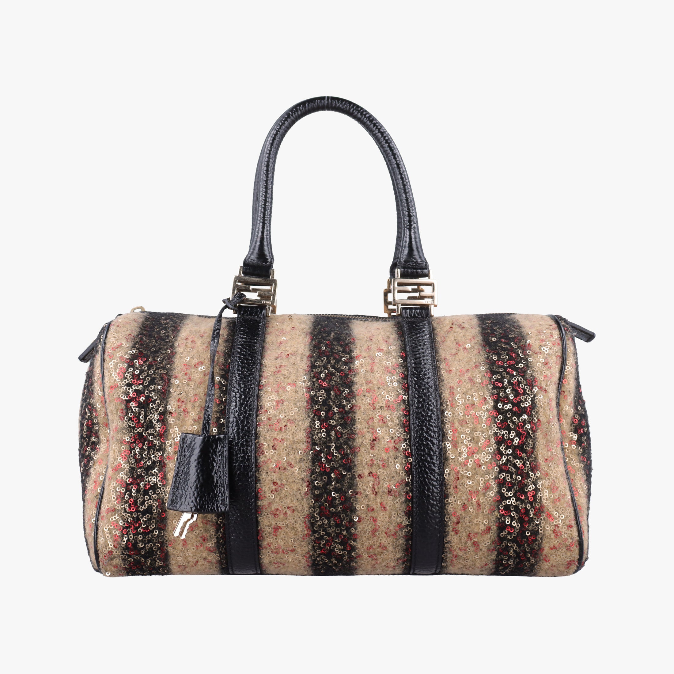 Secondhand Fendi Forever Bauletto Black Sequin-embellished wool striped fabric × patent 8BL098 handbag | stylenewstar