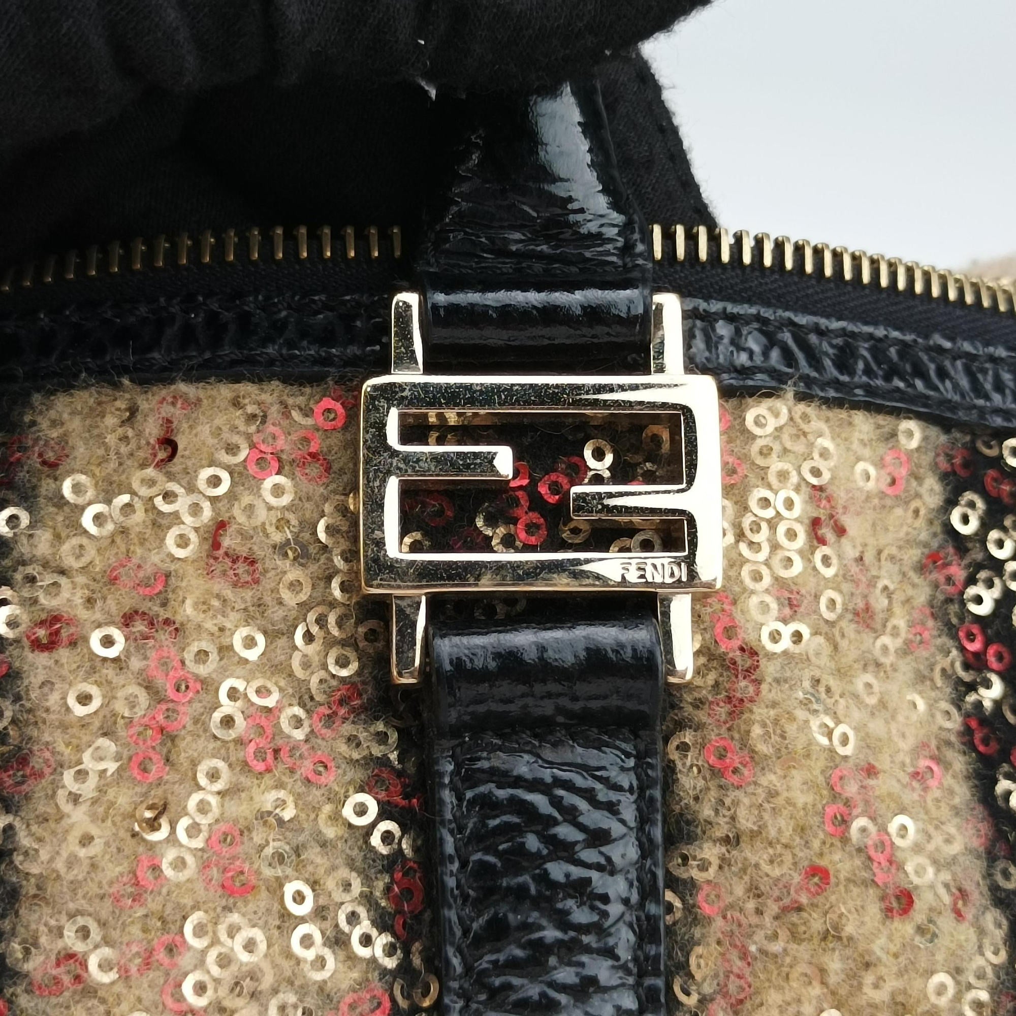 Secondhand Fendi Forever Bauletto Black Sequin-embellished wool striped fabric × patent 8BL098 handbag | stylenewstar