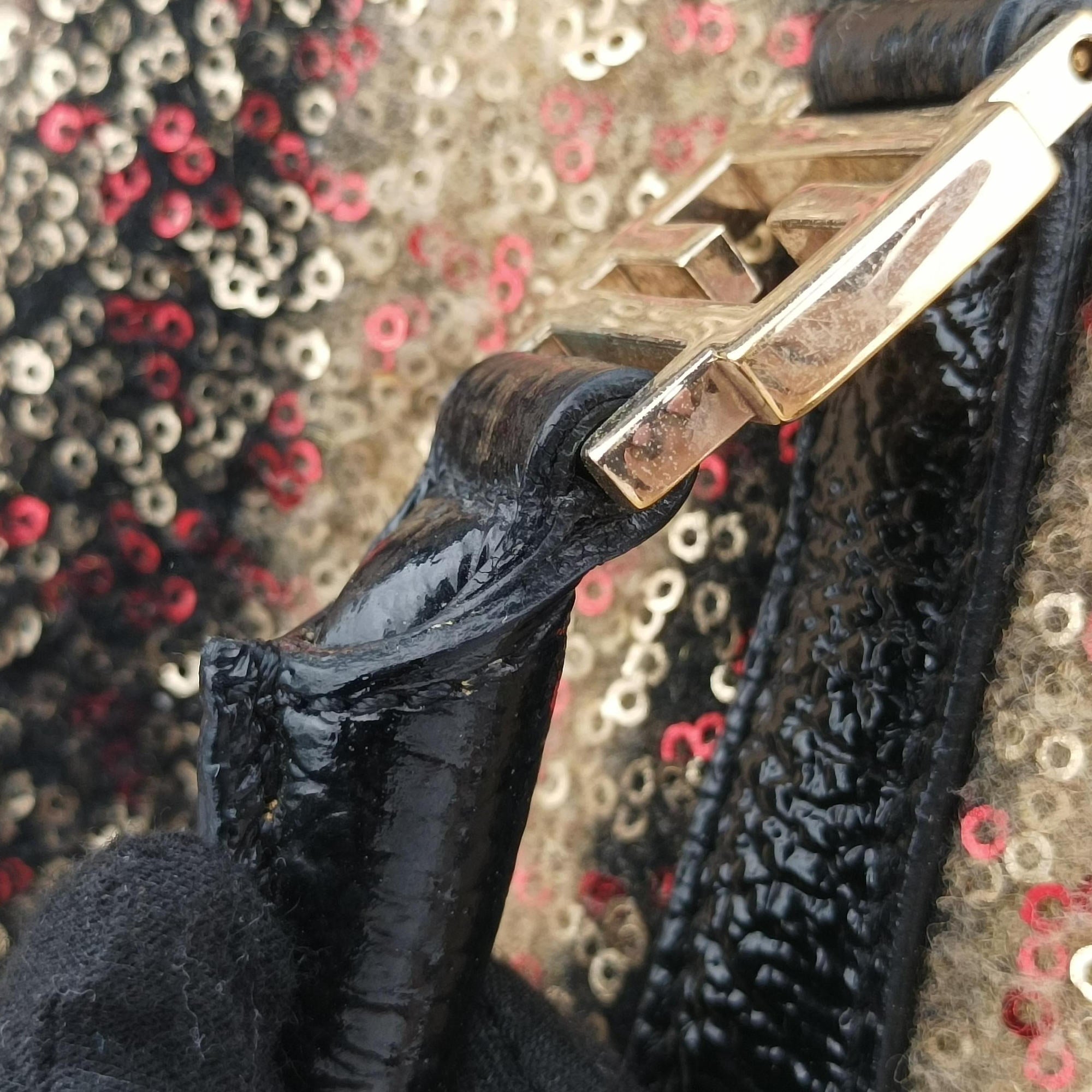Secondhand Fendi Forever Bauletto Black Sequin-embellished wool striped fabric × patent 8BL098 handbag | stylenewstar