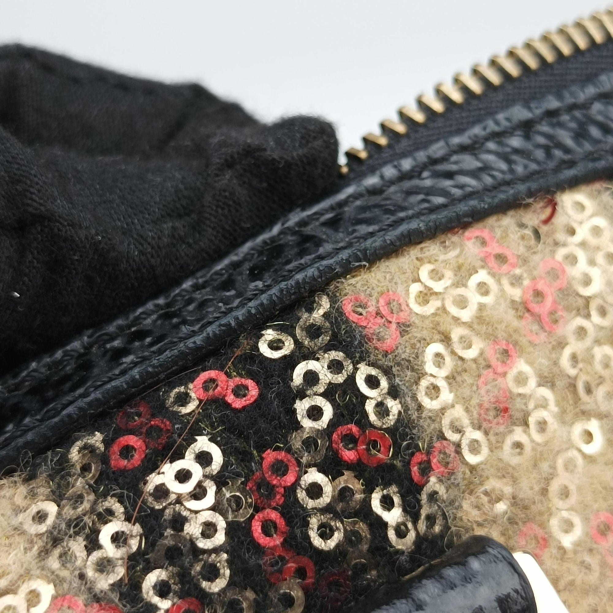 Secondhand Fendi Forever Bauletto Black Sequin-embellished wool striped fabric × patent 8BL098 handbag | stylenewstar