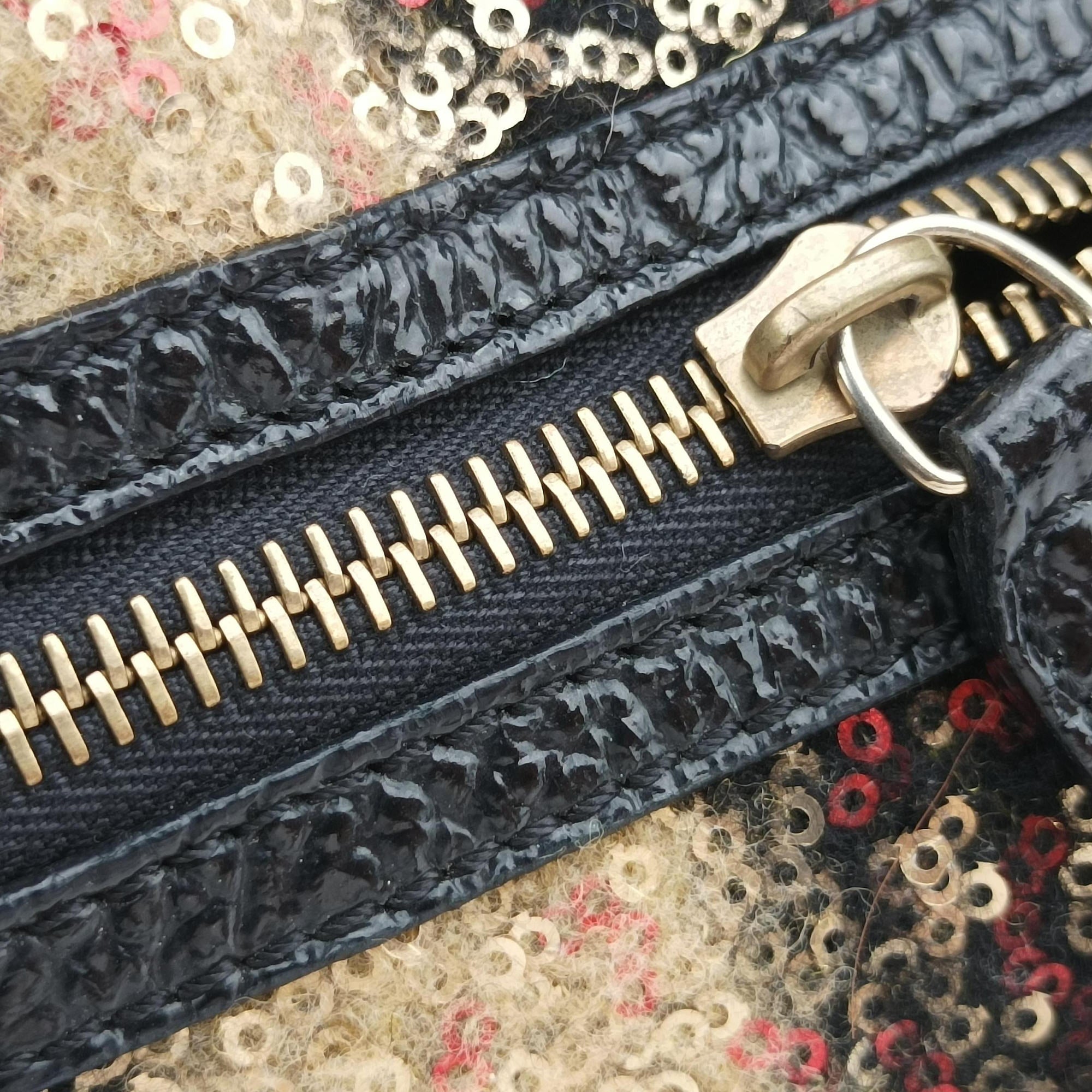 Secondhand Fendi Forever Bauletto Black Sequin-embellished wool striped fabric × patent 8BL098 handbag | stylenewstar
