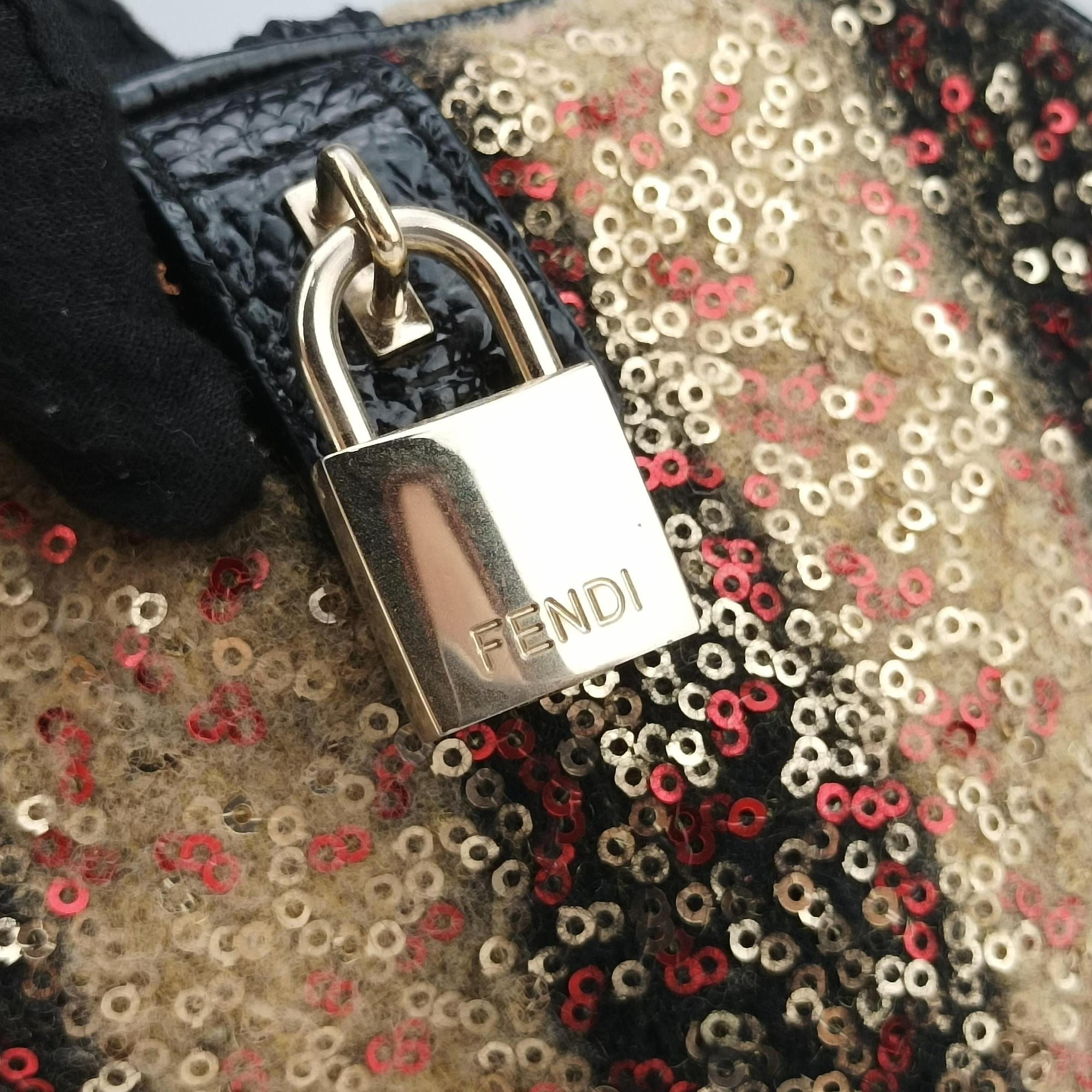 Secondhand Fendi Forever Bauletto Black Sequin-embellished wool striped fabric × patent 8BL098 handbag | stylenewstar