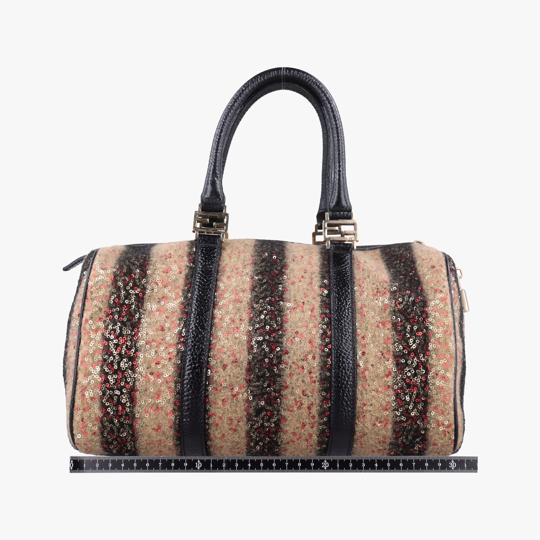 Secondhand Fendi Forever Bauletto Black Sequin-embellished wool striped fabric × patent 8BL098 handbag | stylenewstar