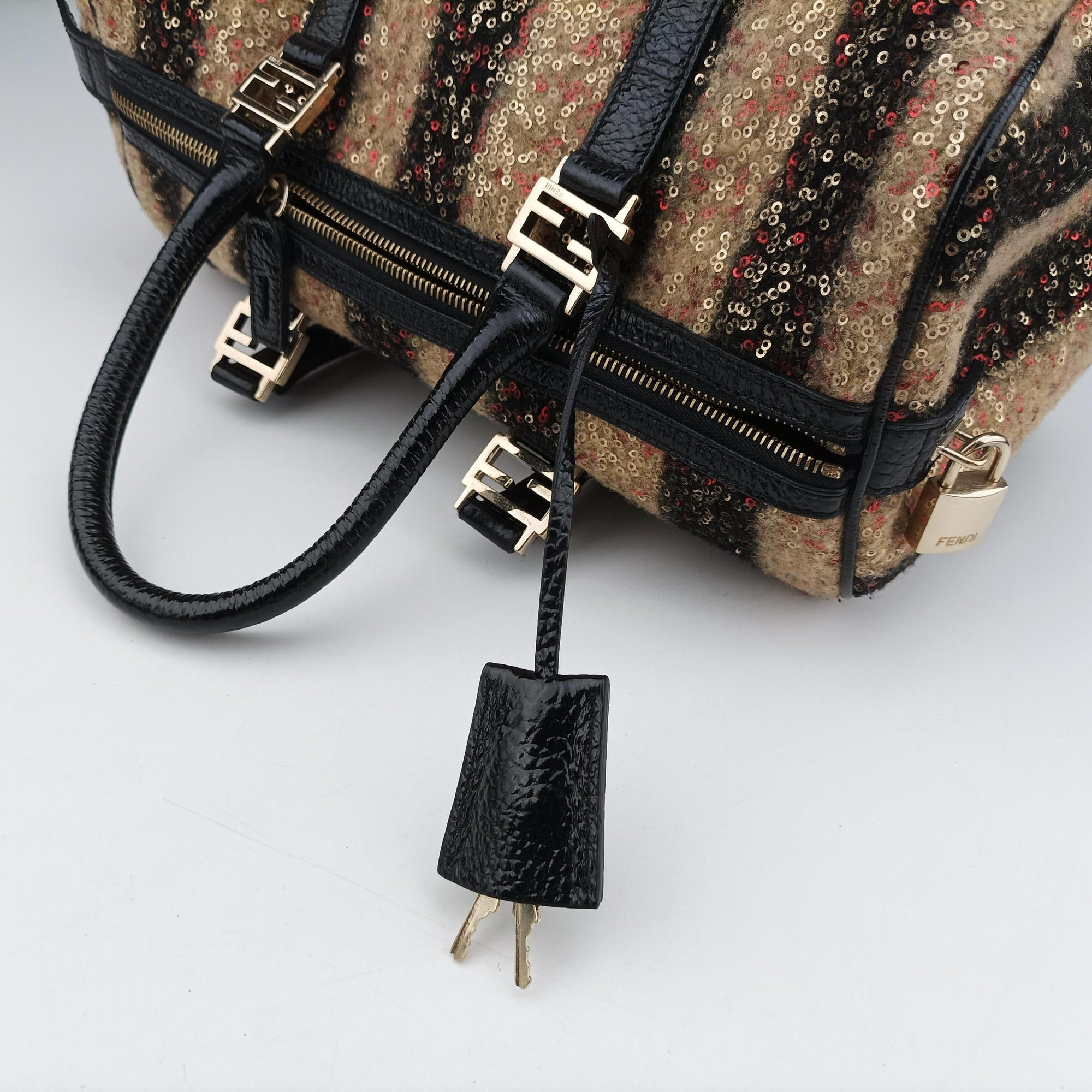 Secondhand Fendi Forever Bauletto Black Sequin-embellished wool striped fabric × patent 8BL098 handbag | stylenewstar