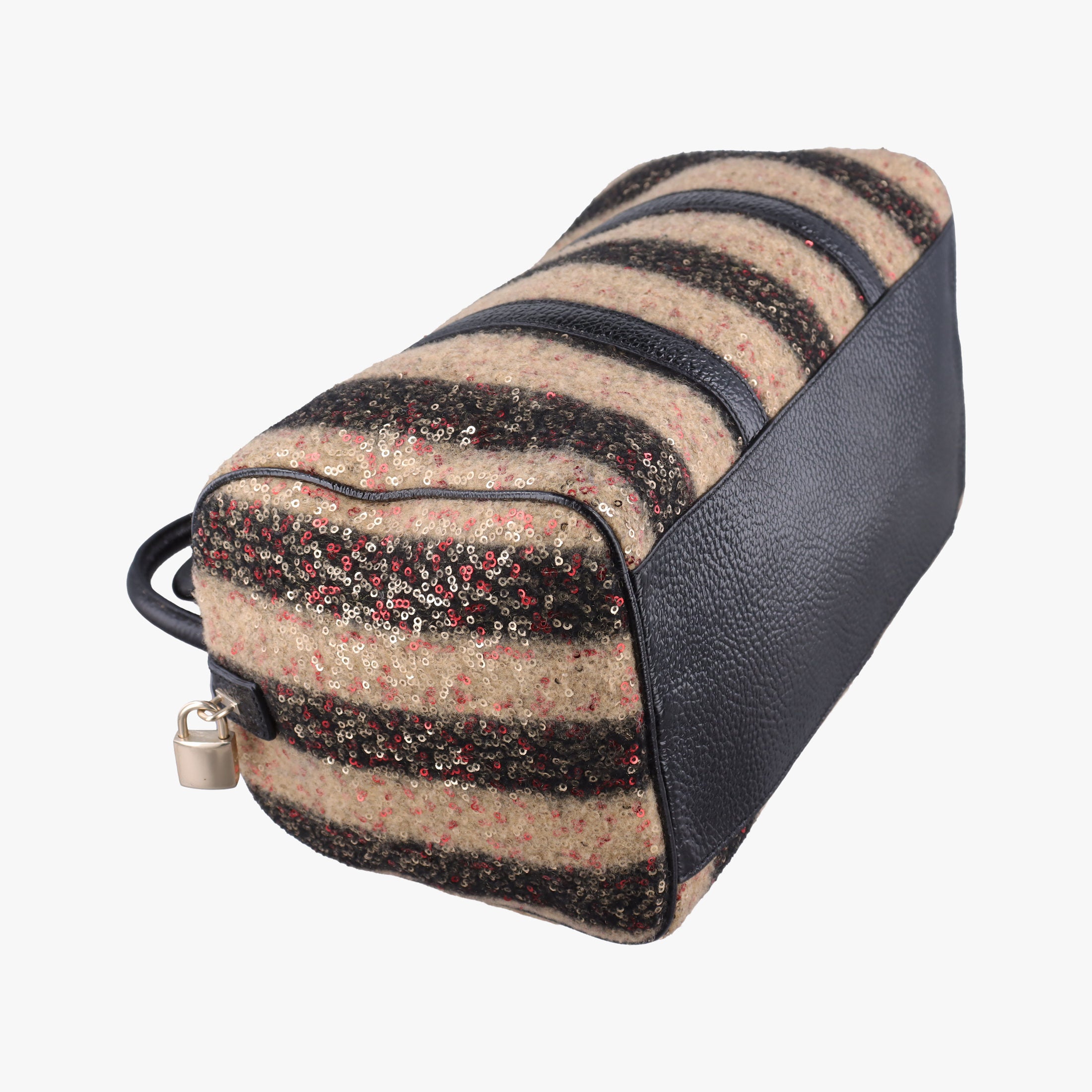 Secondhand Fendi Forever Bauletto Black Sequin-embellished wool striped fabric × patent 8BL098 handbag | stylenewstar