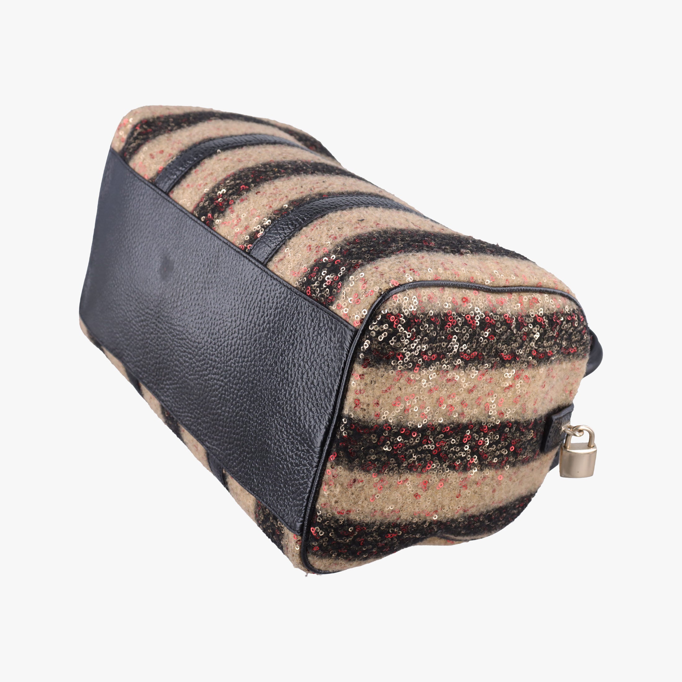Secondhand Fendi Forever Bauletto Black Sequin-embellished wool striped fabric × patent 8BL098 handbag | stylenewstar
