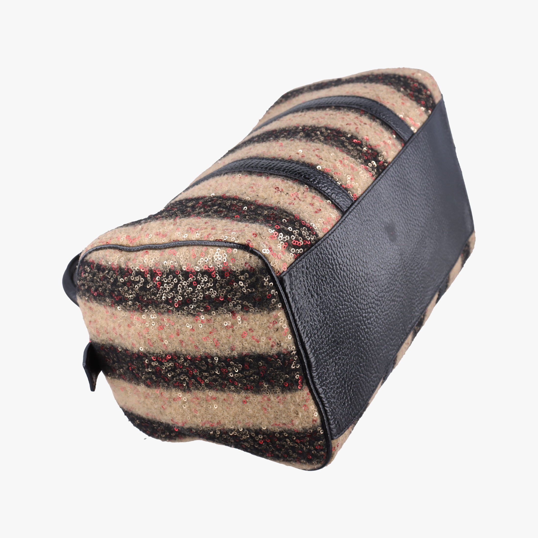 Secondhand Fendi Forever Bauletto Black Sequin-embellished wool striped fabric × patent 8BL098 handbag | stylenewstar