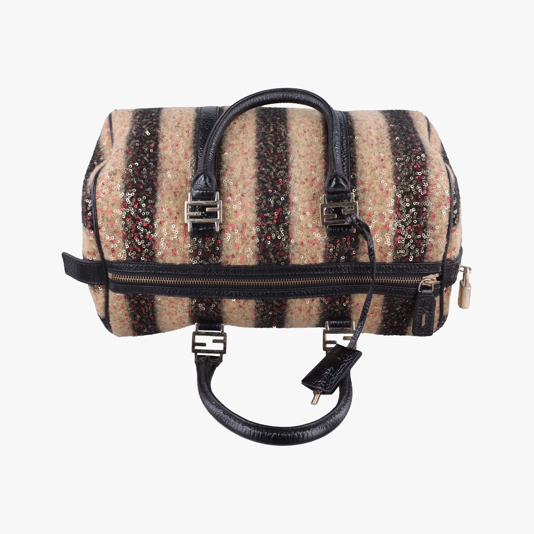 Secondhand Fendi Forever Bauletto Black Sequin-embellished wool striped fabric × patent 8BL098 handbag | stylenewstar