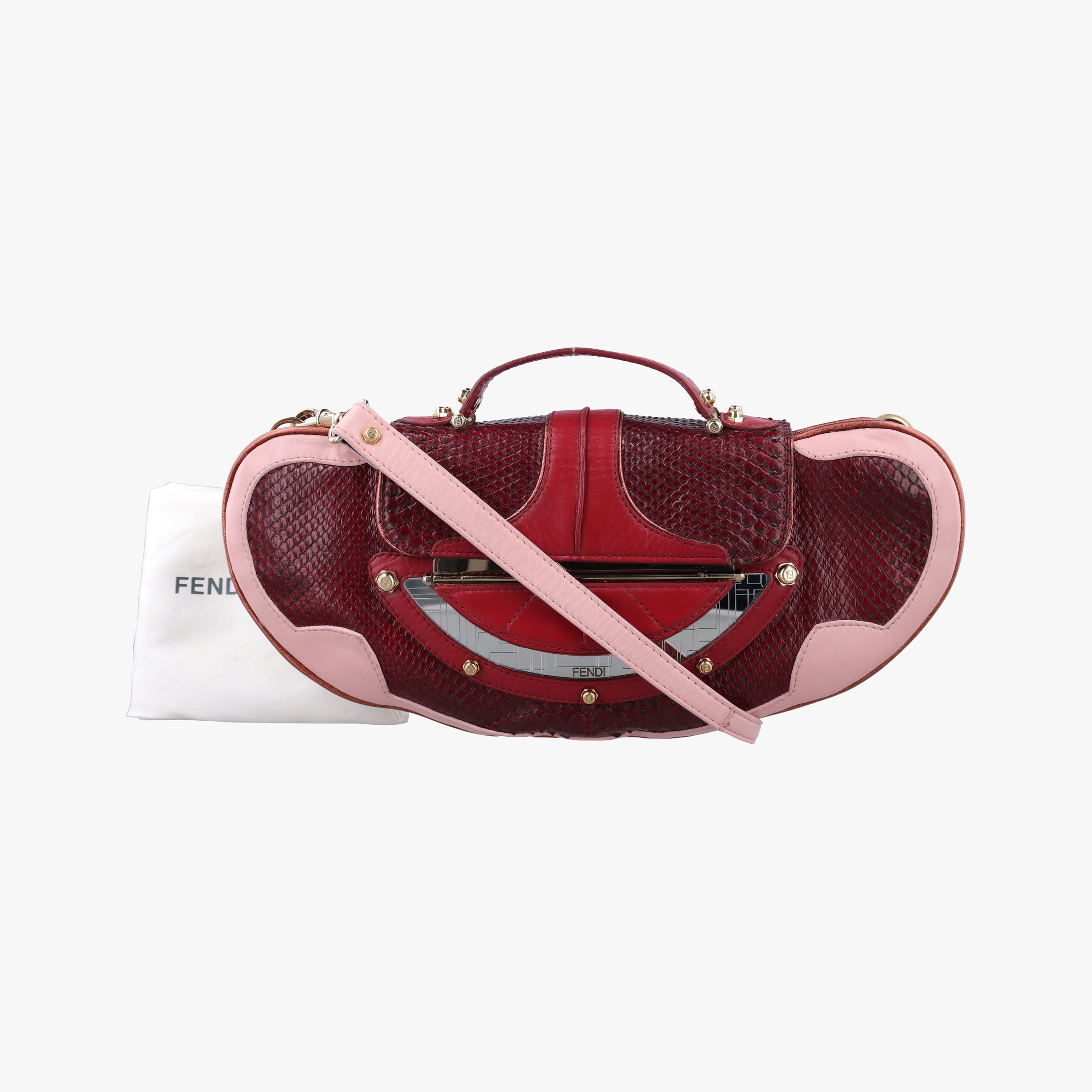 Pre-owned Fendi Vanity Mirror Bordeaux × Pink Python Leather × Calfskin Leather  shoulderbag | stylenewstar