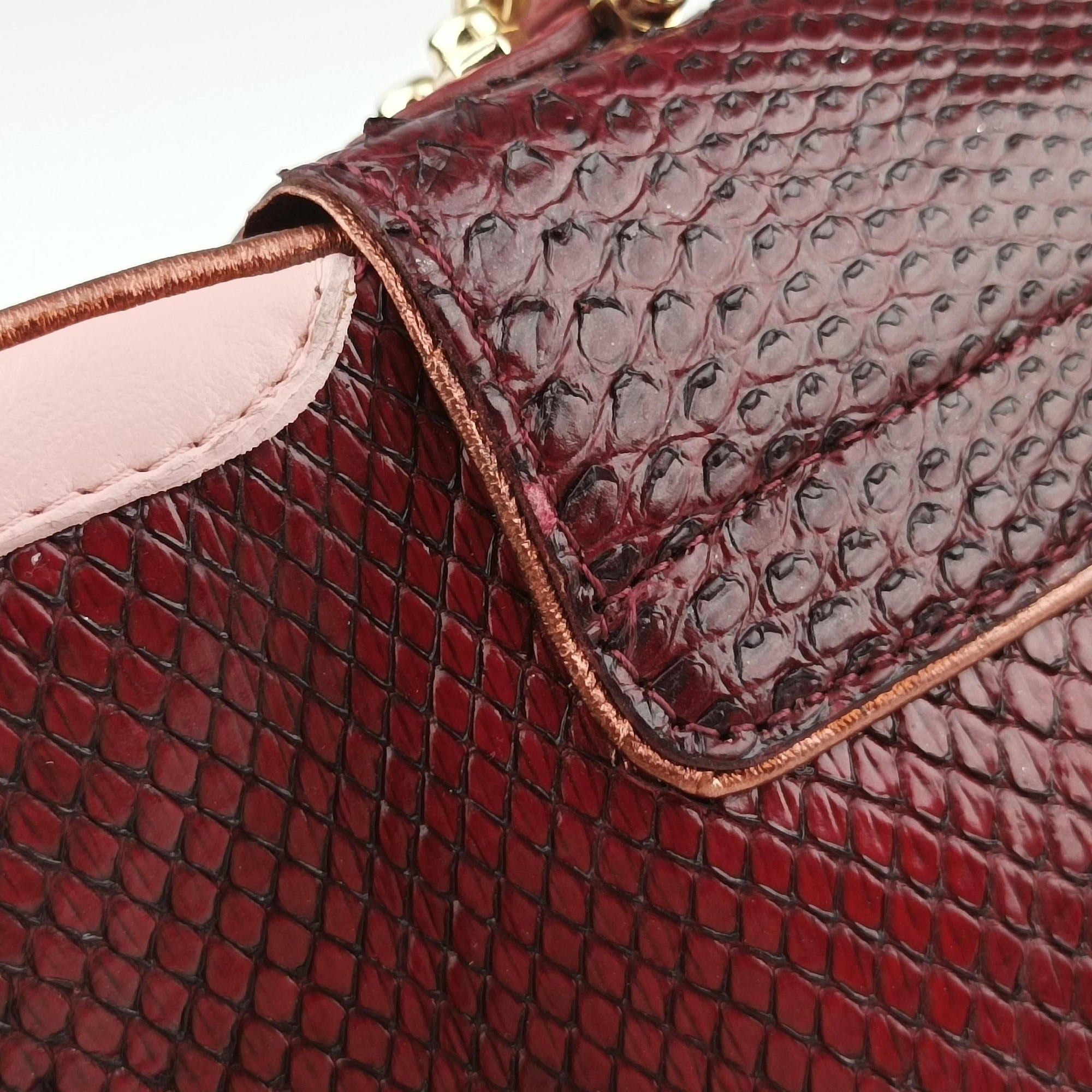 Pre-owned Fendi Vanity Mirror Bordeaux × Pink Python Leather × Calfskin Leather  shoulderbag | stylenewstar