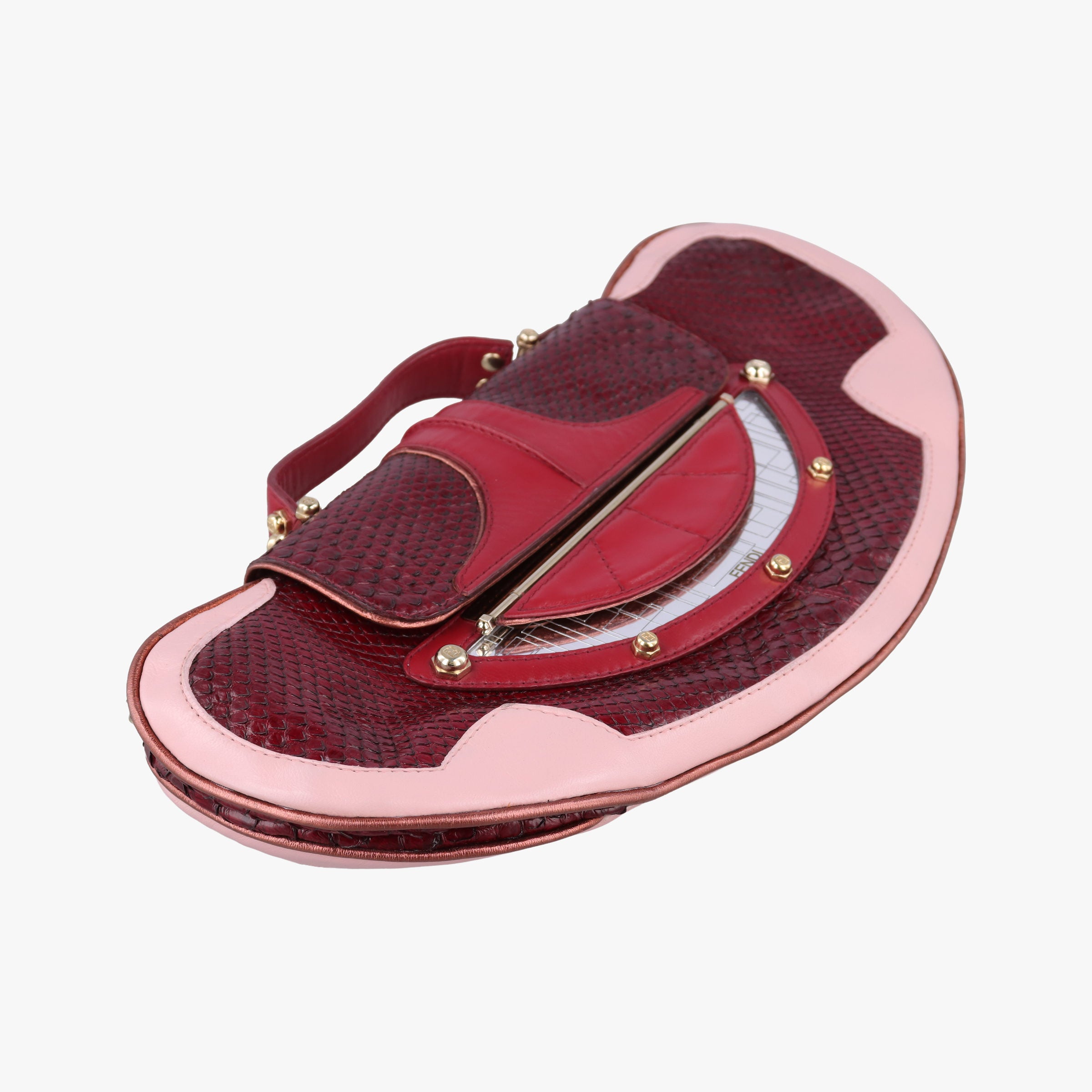 Pre-owned Fendi Vanity Mirror Bordeaux × Pink Python Leather × Calfskin Leather  shoulderbag | stylenewstar