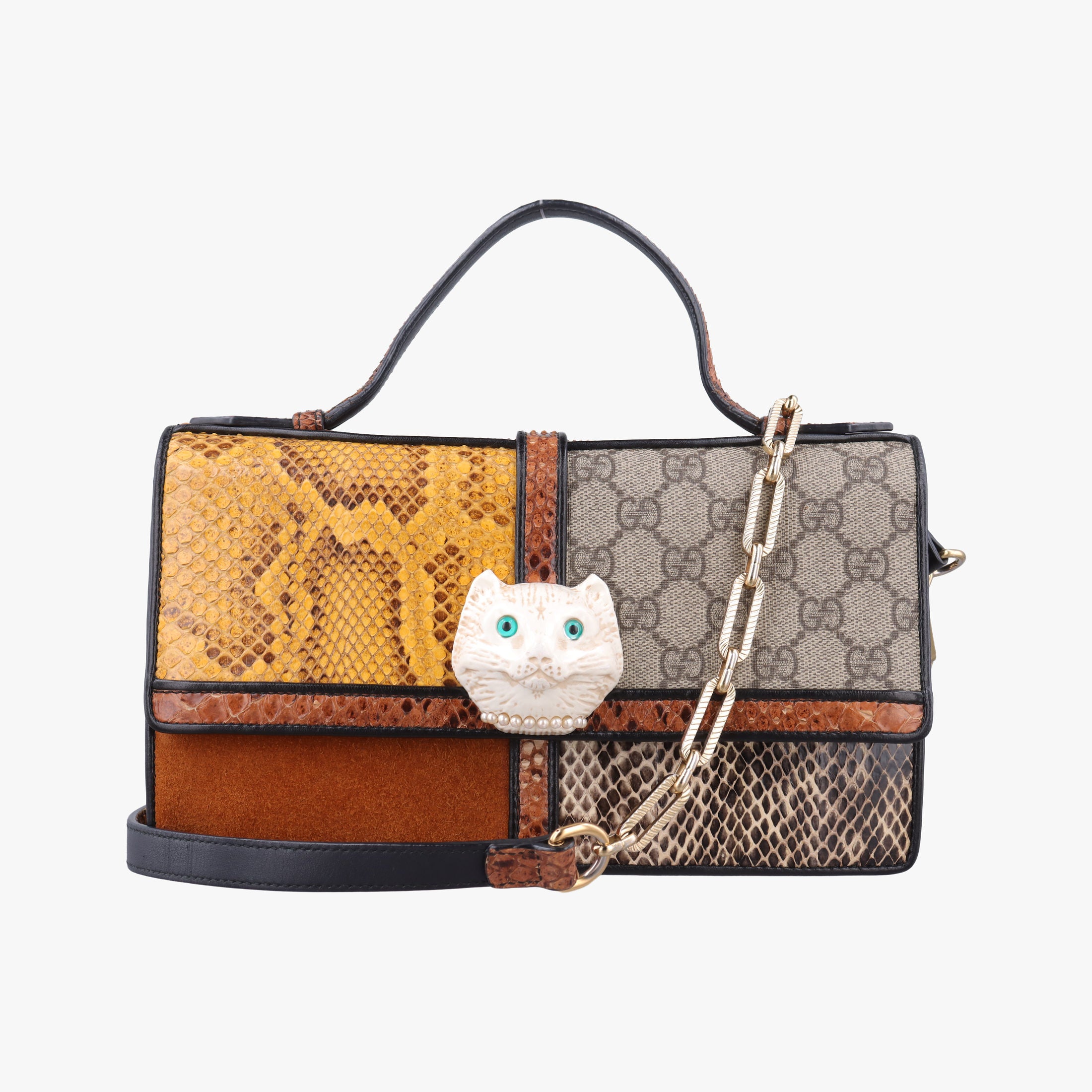 Secondhand Gucci Patchwork Cat Head Multicolor GG Supreme Canvas× Python×Suede 499822 shoulderbag | stylenewstar