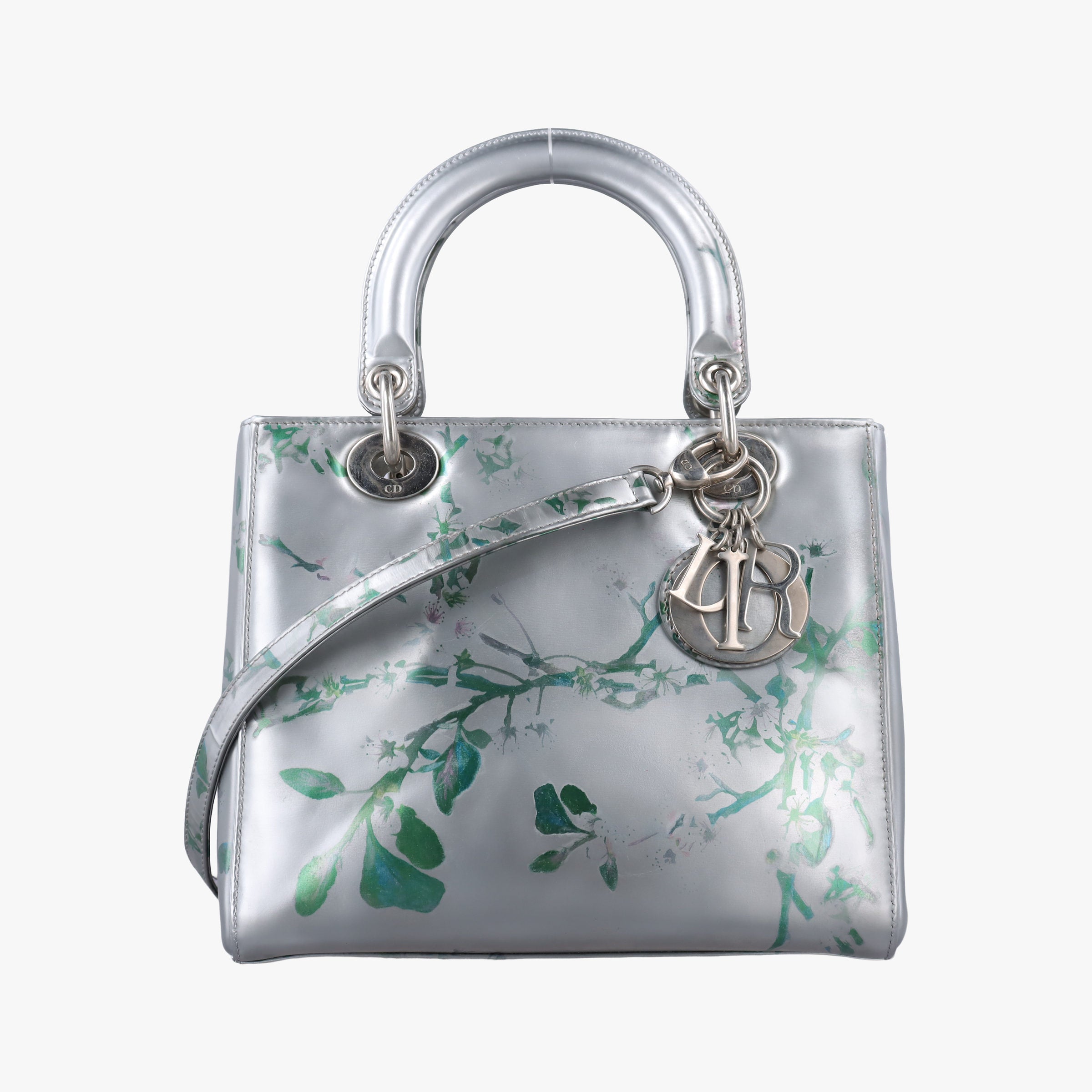 Pre-owned Christian Dior Lady Dior Floral Printed Silver Patent Leather  shoulderbag | stylenewstar