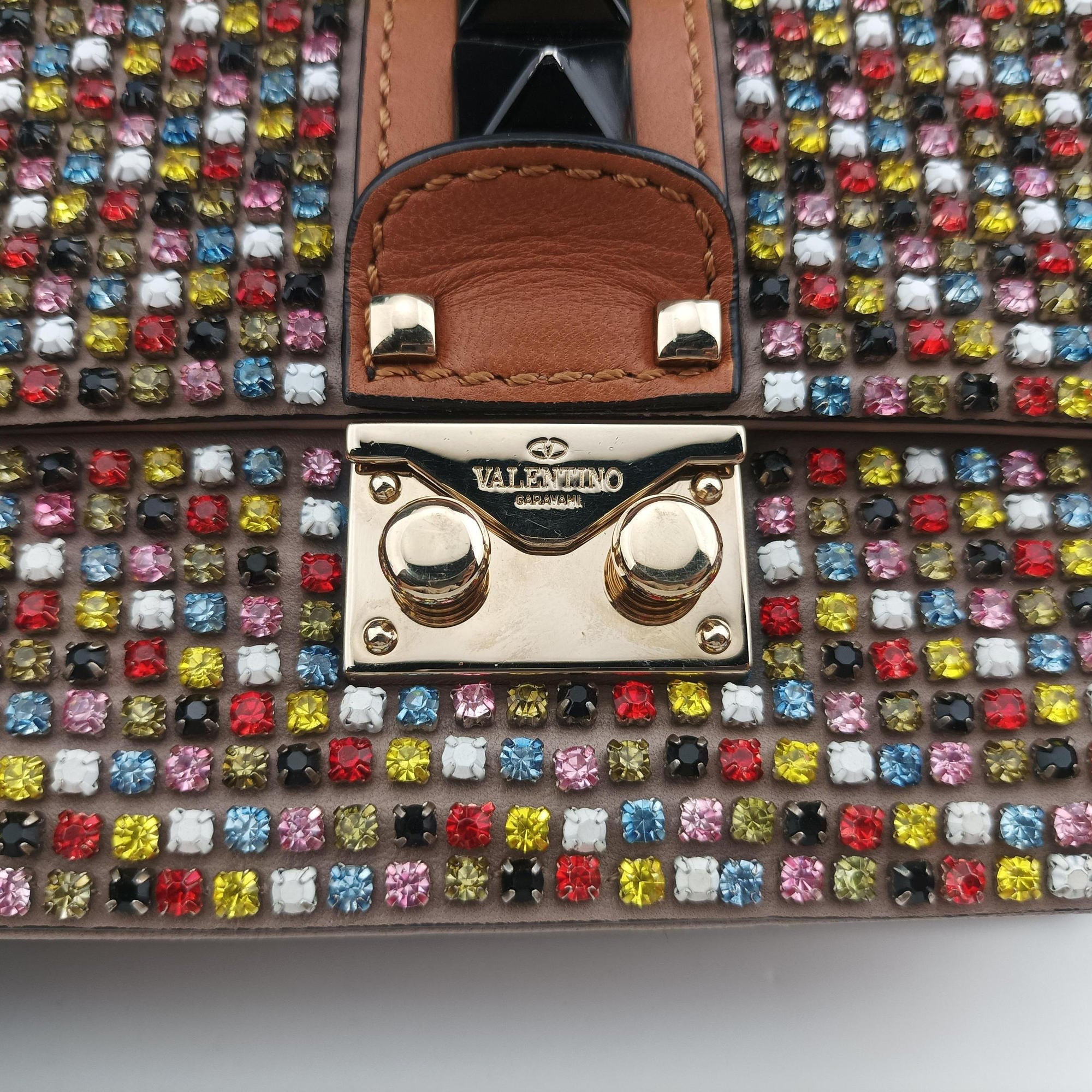 Pre-owned Valentino Glam Lock Multicolor Leather ×Crystal Embellishments  shoulderbag | stylenewstar