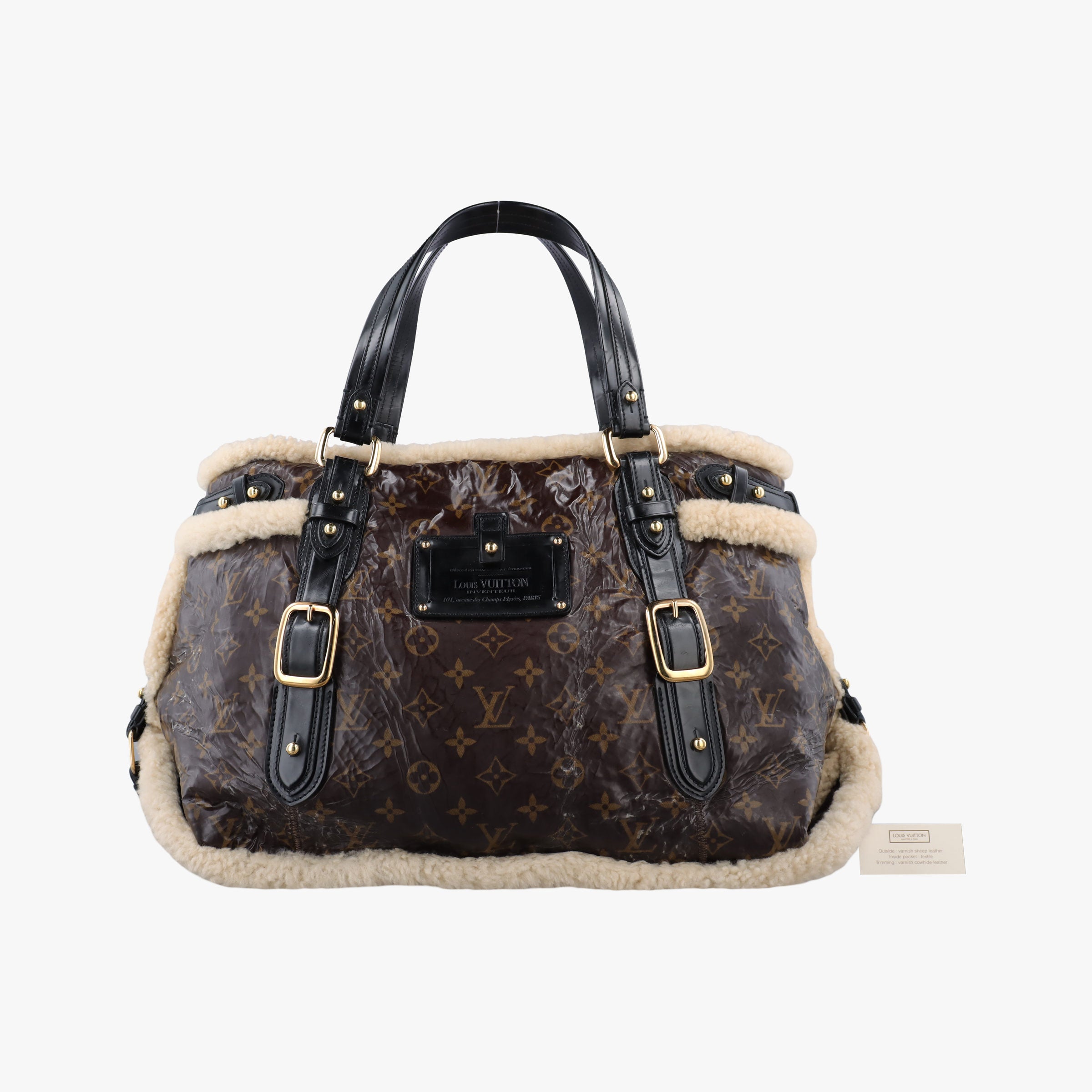 Pre-owned Louis Vuitton Monogram Shearling Thunder Tote Brown Monogram × Cream Coated Monogram Canvas x Shearling x Patent M95573 handbag | stylenewstar