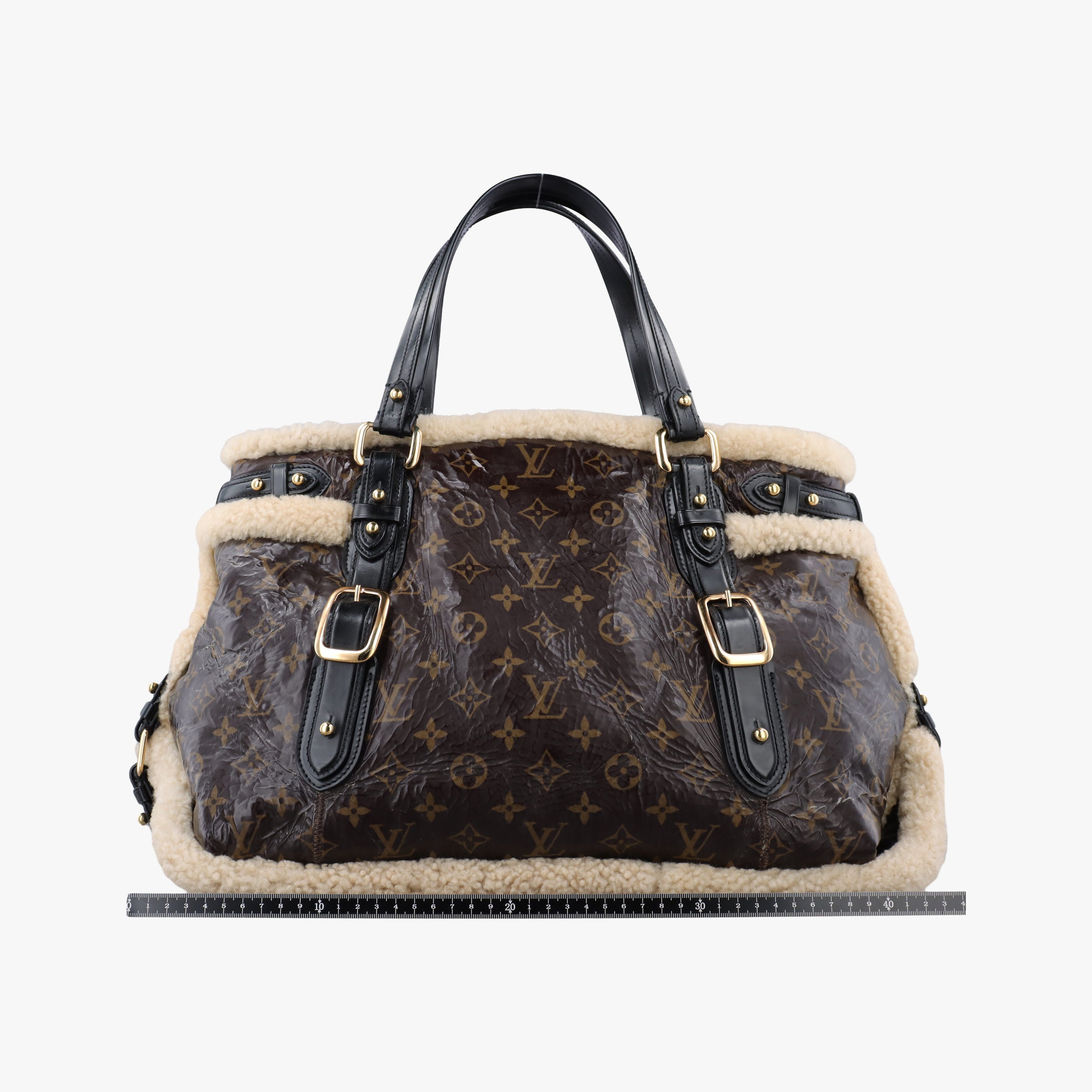 Pre-owned Louis Vuitton Monogram Shearling Thunder Tote Brown Monogram × Cream Coated Monogram Canvas x Shearling x Patent M95573 handbag | stylenewstar