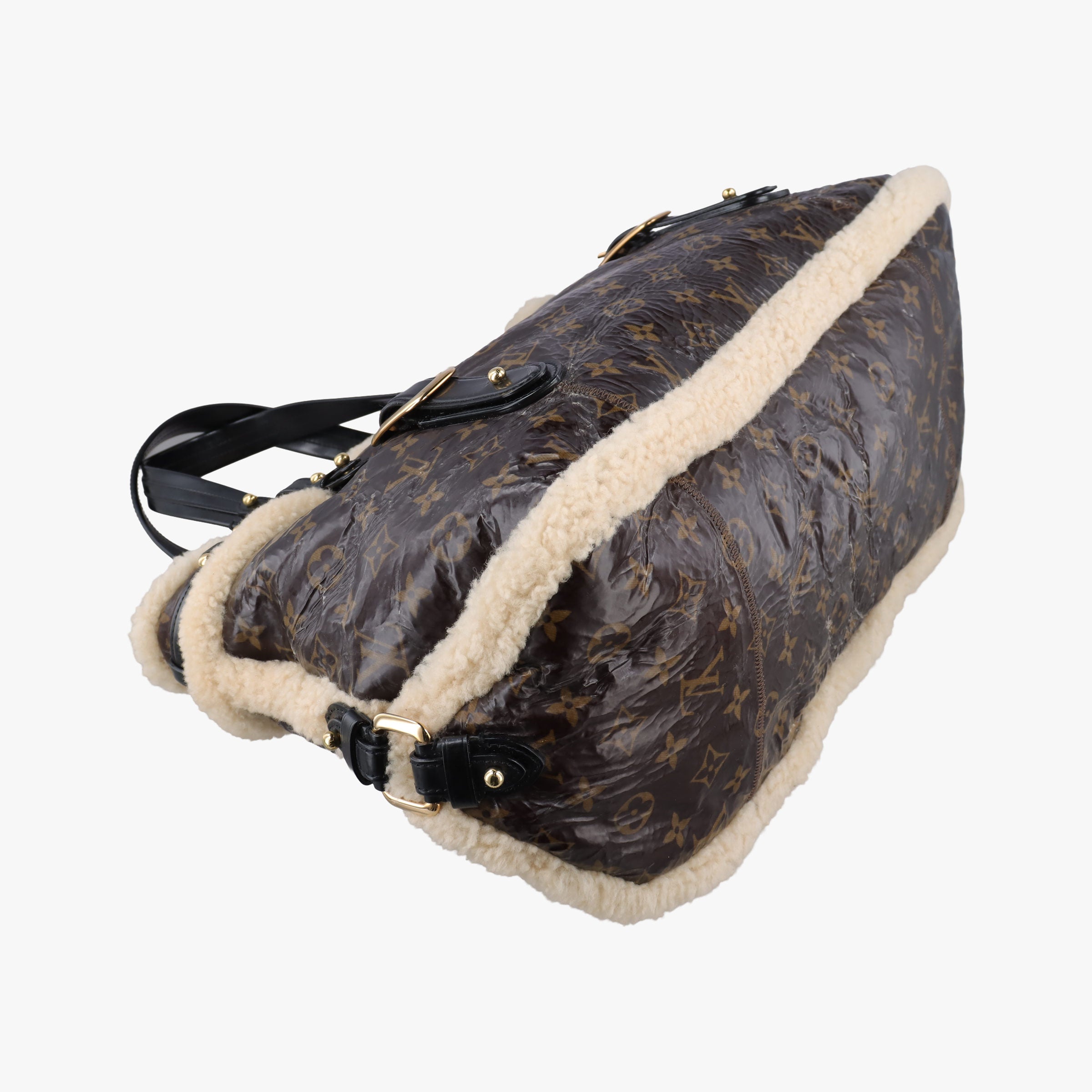 Pre-owned Louis Vuitton Monogram Shearling Thunder Tote Brown Monogram × Cream Coated Monogram Canvas x Shearling x Patent M95573 handbag | stylenewstar