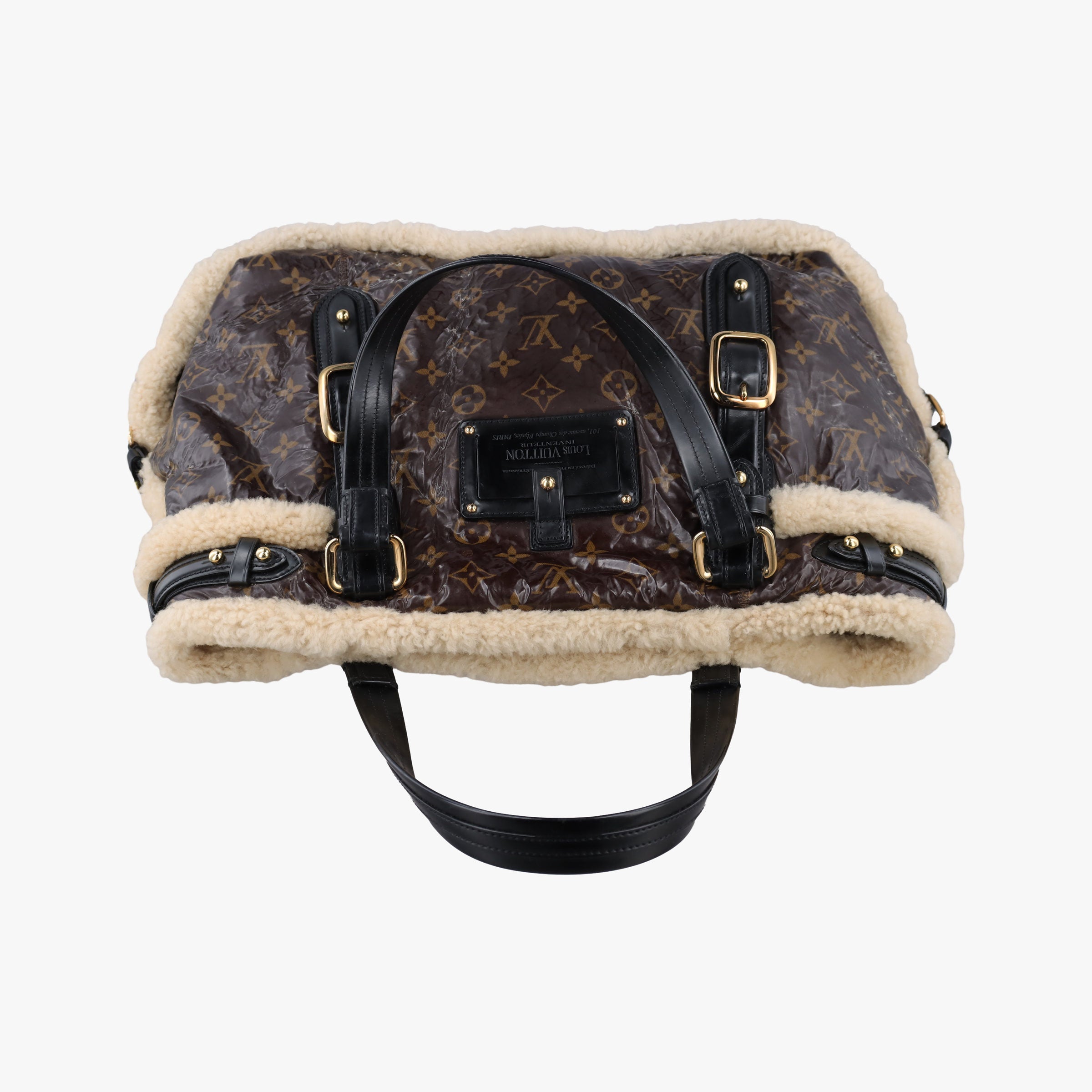 Pre-owned Louis Vuitton Monogram Shearling Thunder Tote Brown Monogram × Cream Coated Monogram Canvas x Shearling x Patent M95573 handbag | stylenewstar