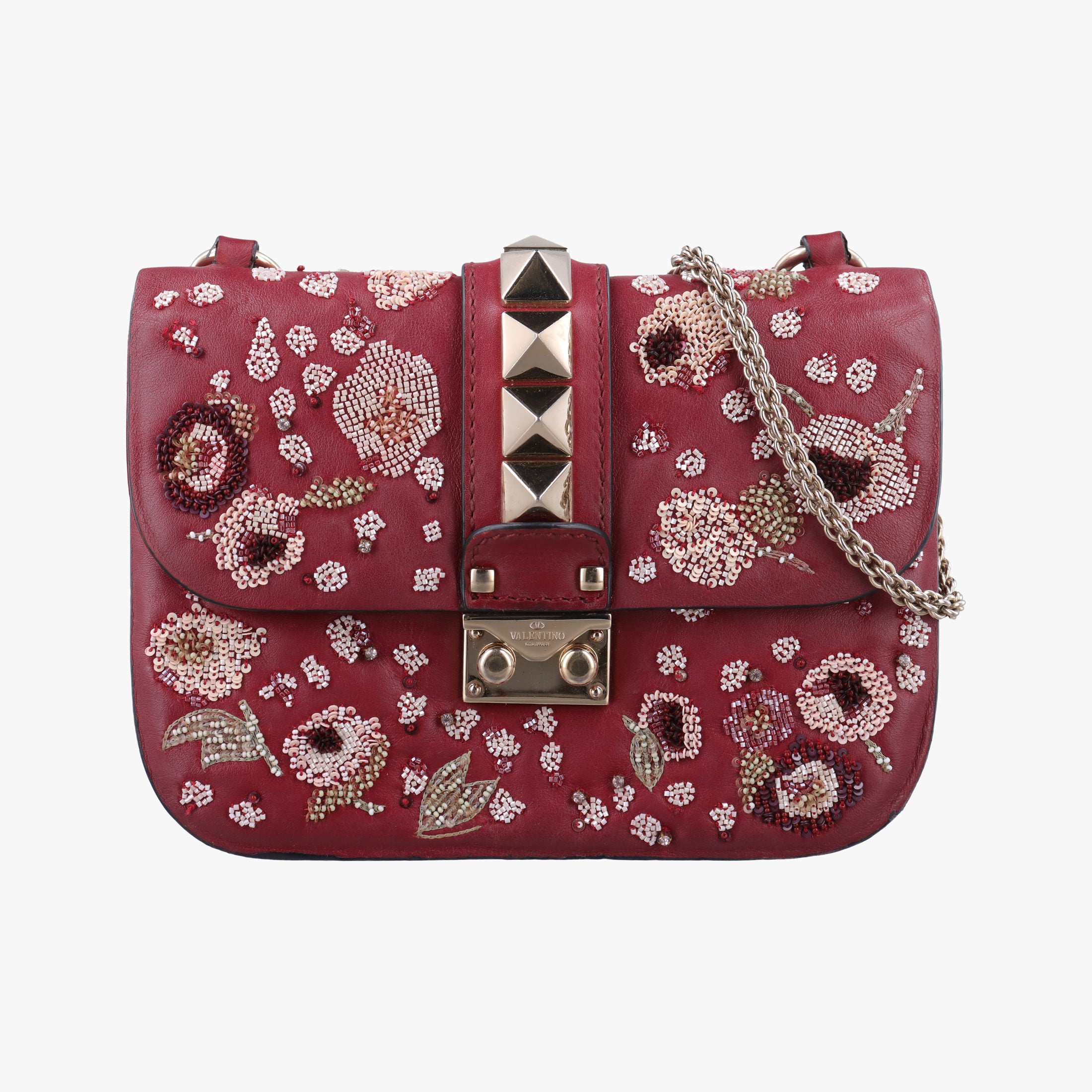 Pre-owned Valentino Rockstud Glam Lock Red Leather  shoulderbag | stylenewstar