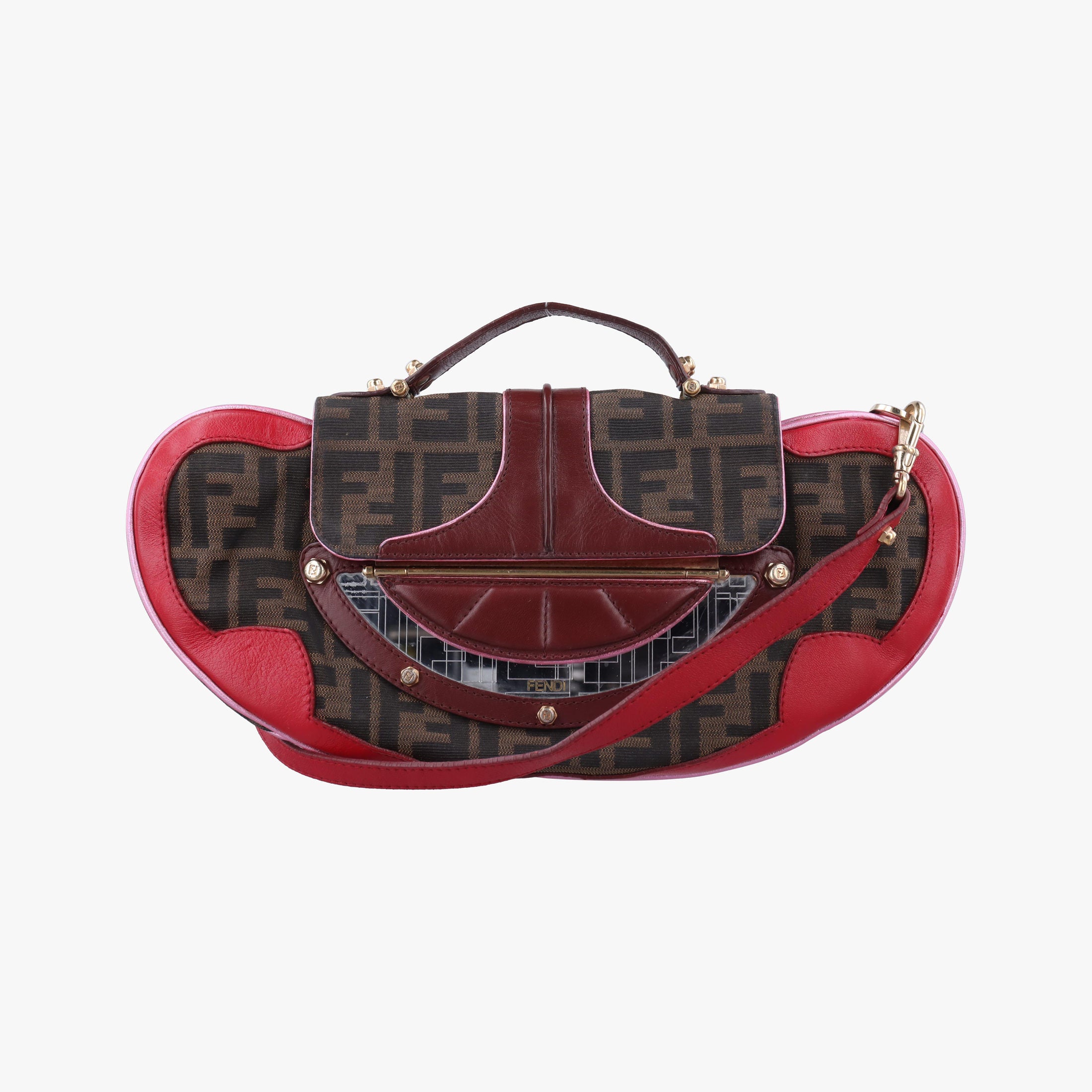 Vintage Fendi Zucca Vanity Mirror Brown × Red Jacquard × Leather 8BN133 shoulderbag | stylenewstar