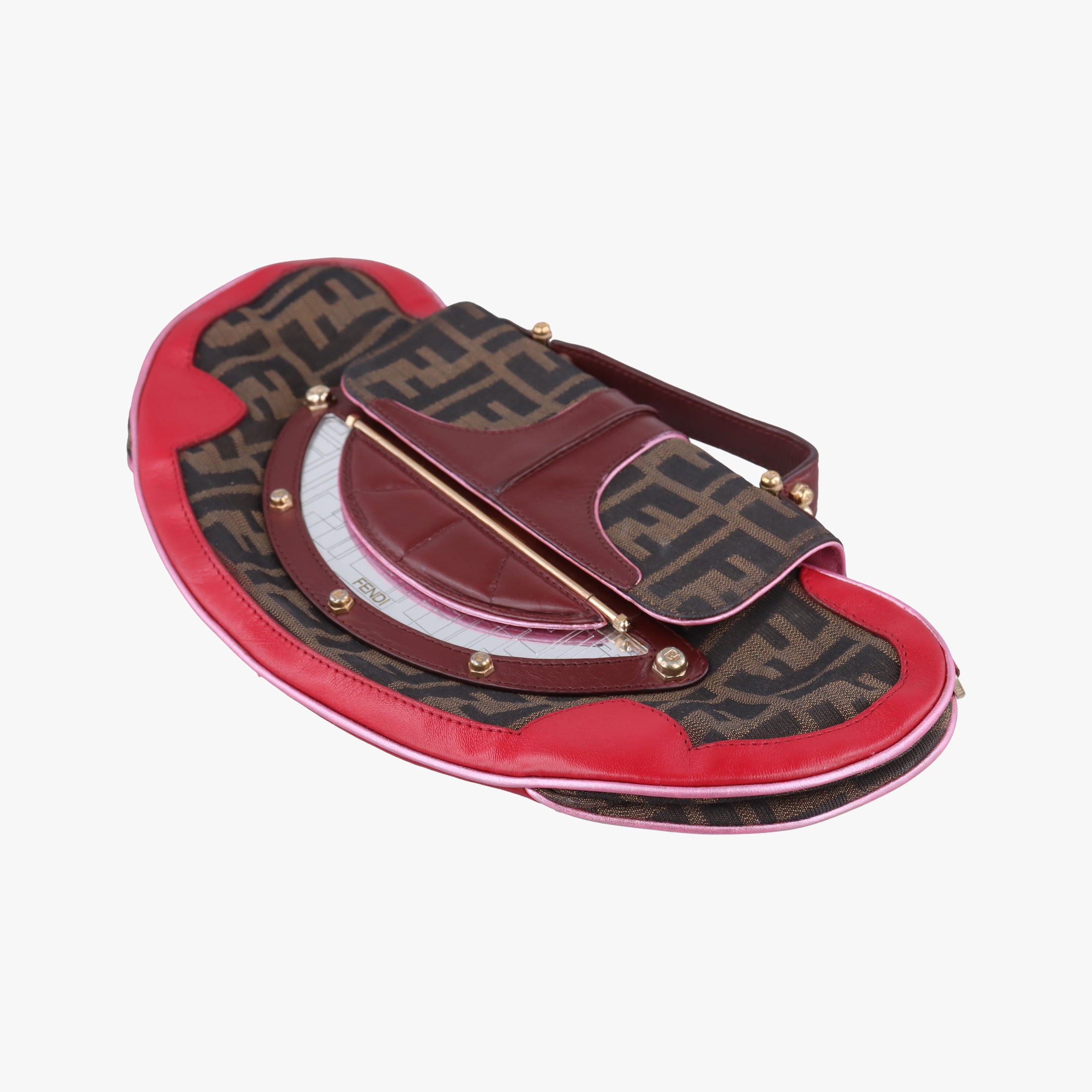 Vintage Fendi Zucca Vanity Mirror Brown × Red Jacquard × Leather 8BN133 shoulderbag | stylenewstar