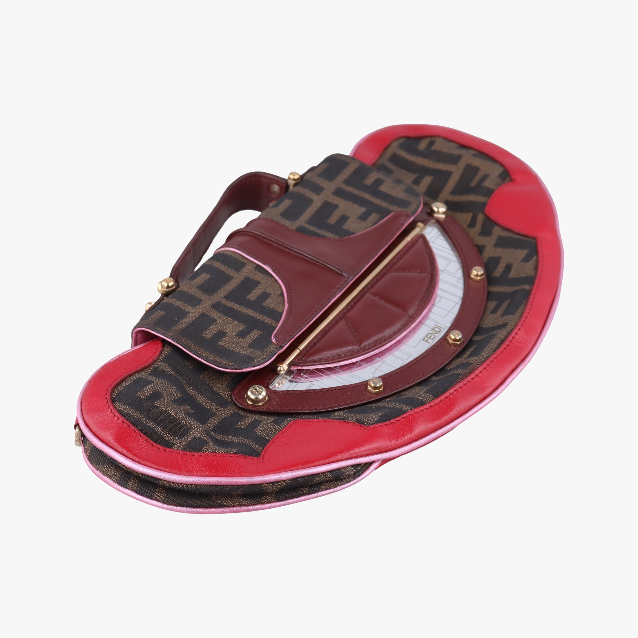Vintage Fendi Zucca Vanity Mirror Brown × Red Jacquard × Leather 8BN133 shoulderbag | stylenewstar