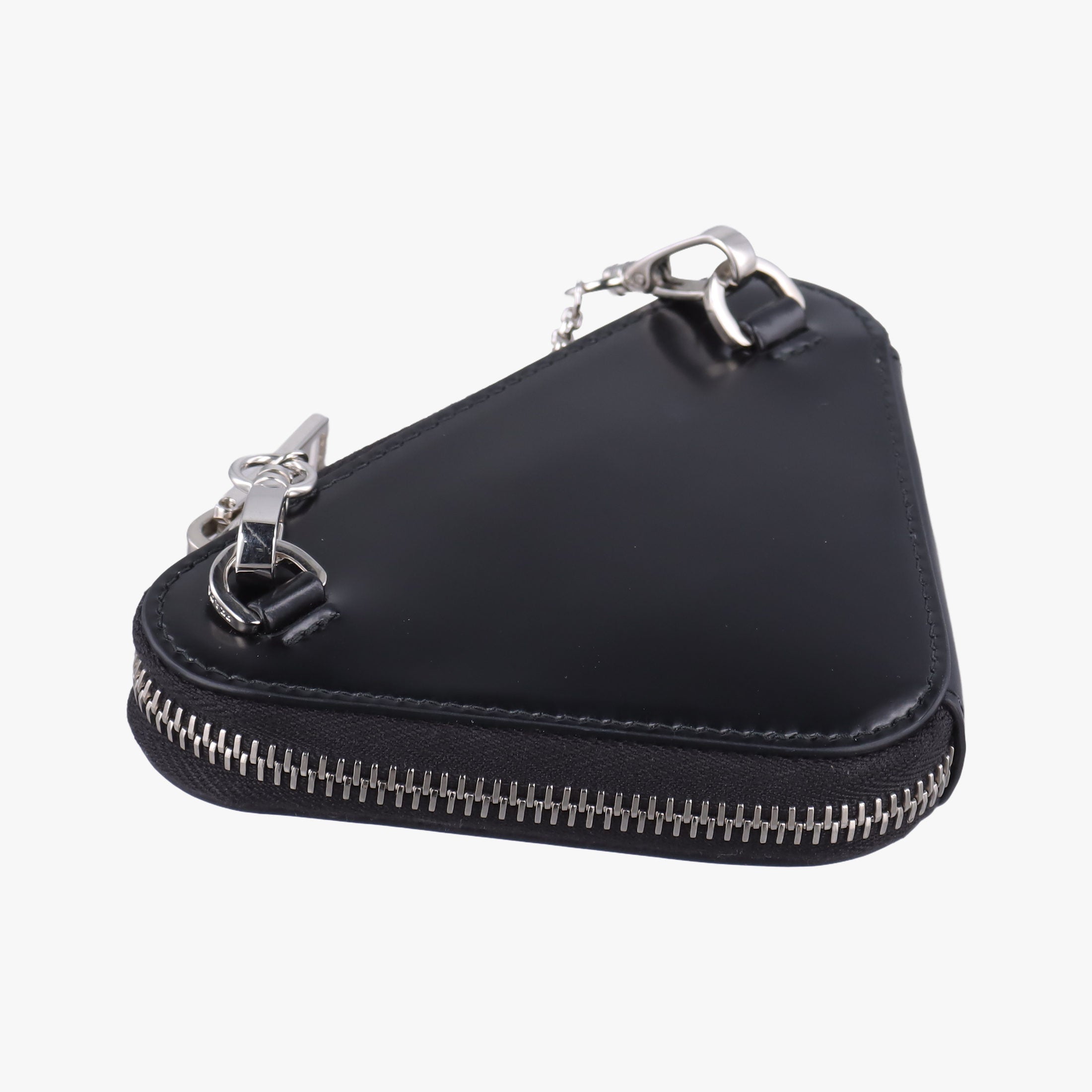 Pre-owned Prada Triangle Chain Pouch Black Leather  shoulderbag | stylenewstar