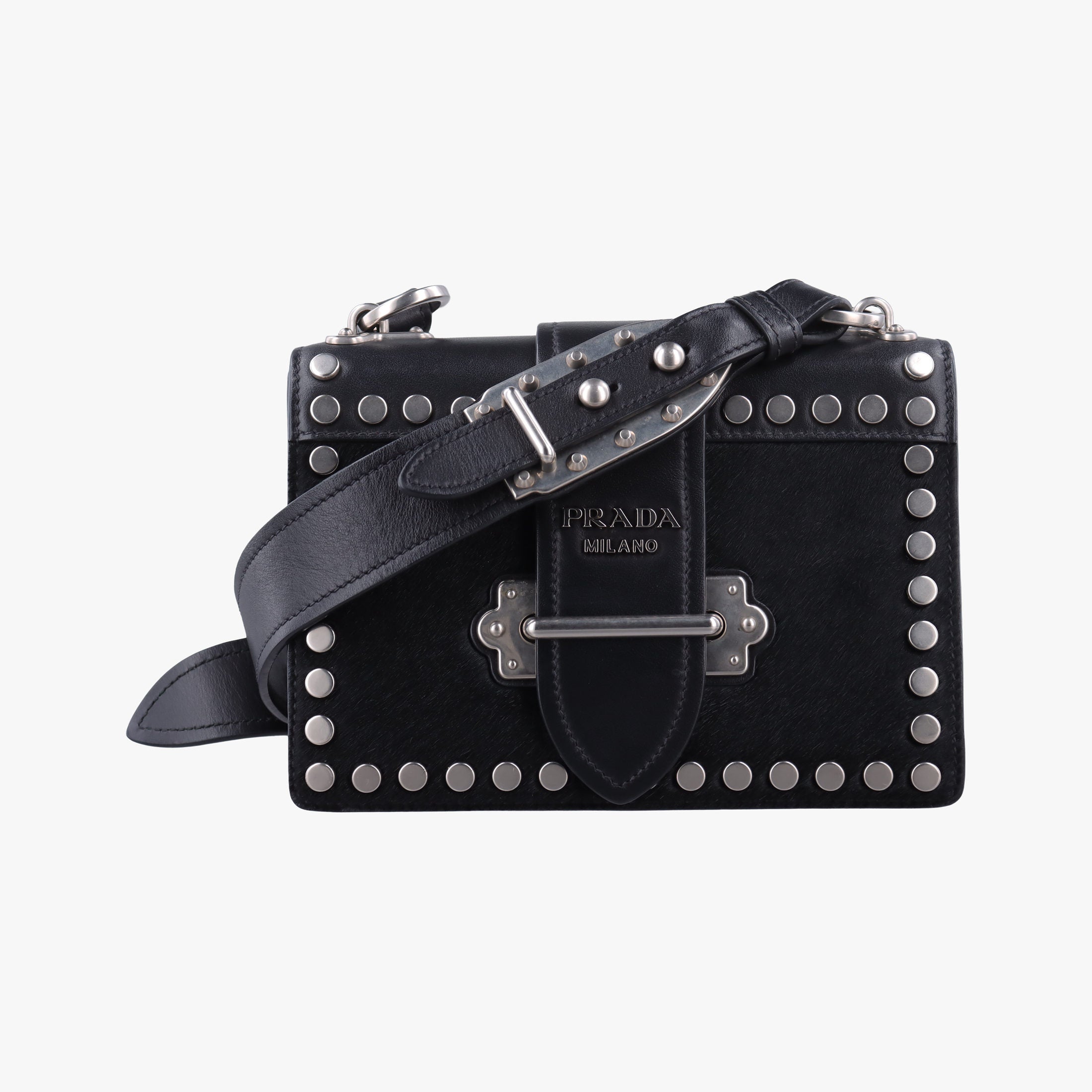 Secondhand Prada Cahier Black Leather×Pony-style calfskin 1BD045 shoulderbag | stylenewstar