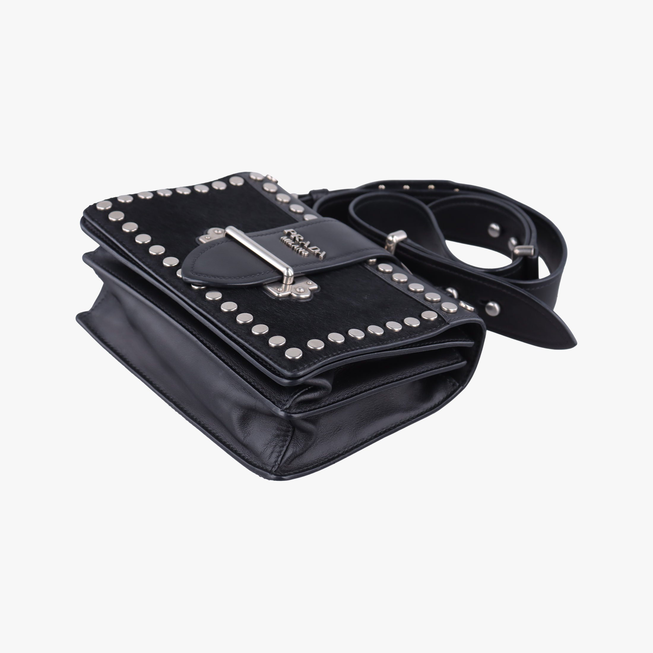 Secondhand Prada Cahier Black Leather×Pony-style calfskin 1BD045 shoulderbag | stylenewstar