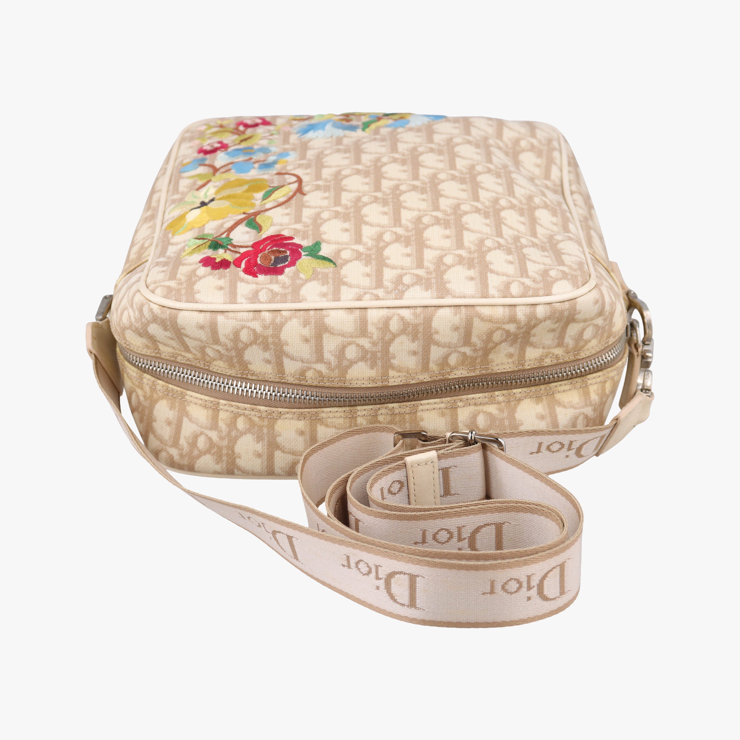 Pre-owned Christian Dior Trotter Flower Beige PVC Coated Canvas Floral Embroidery  shoulderbag | stylenewstar