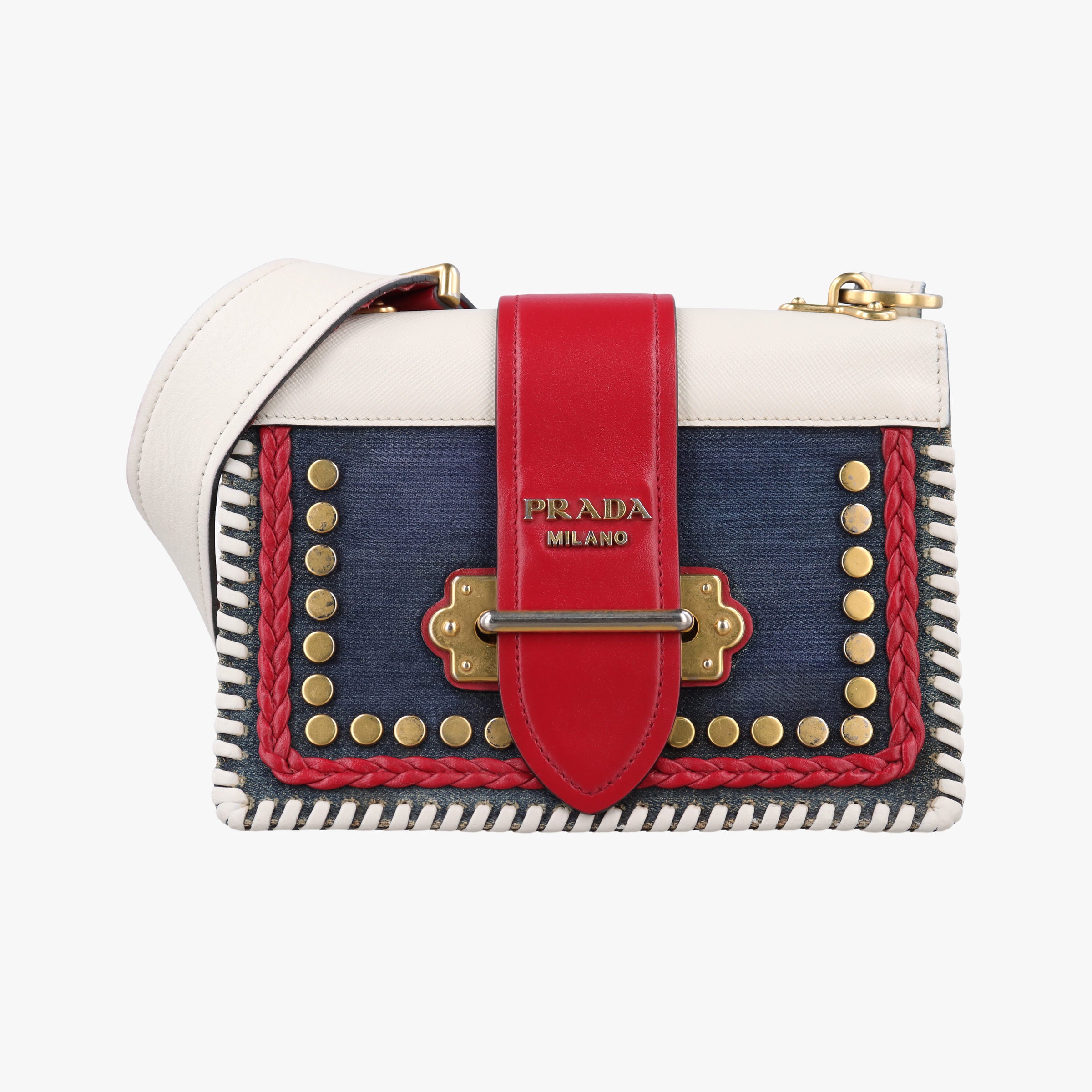 Pre-owned Prada Cahier tassen Leder Multicolour Leather×Denim 1BD045 shoulderbag | stylenewstar