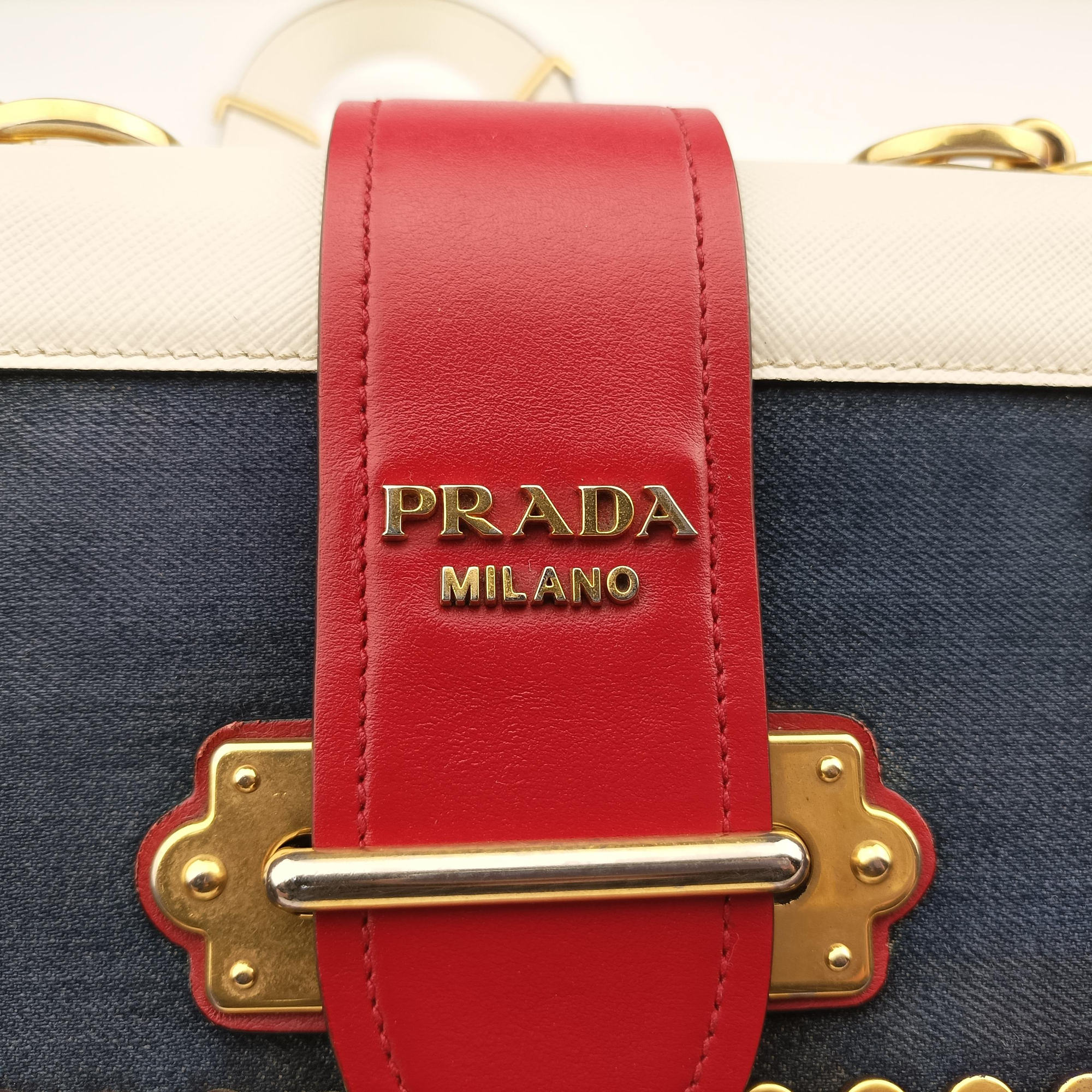 Pre-owned Prada Cahier tassen Leder Multicolour Leather×Denim 1BD045 shoulderbag | stylenewstar