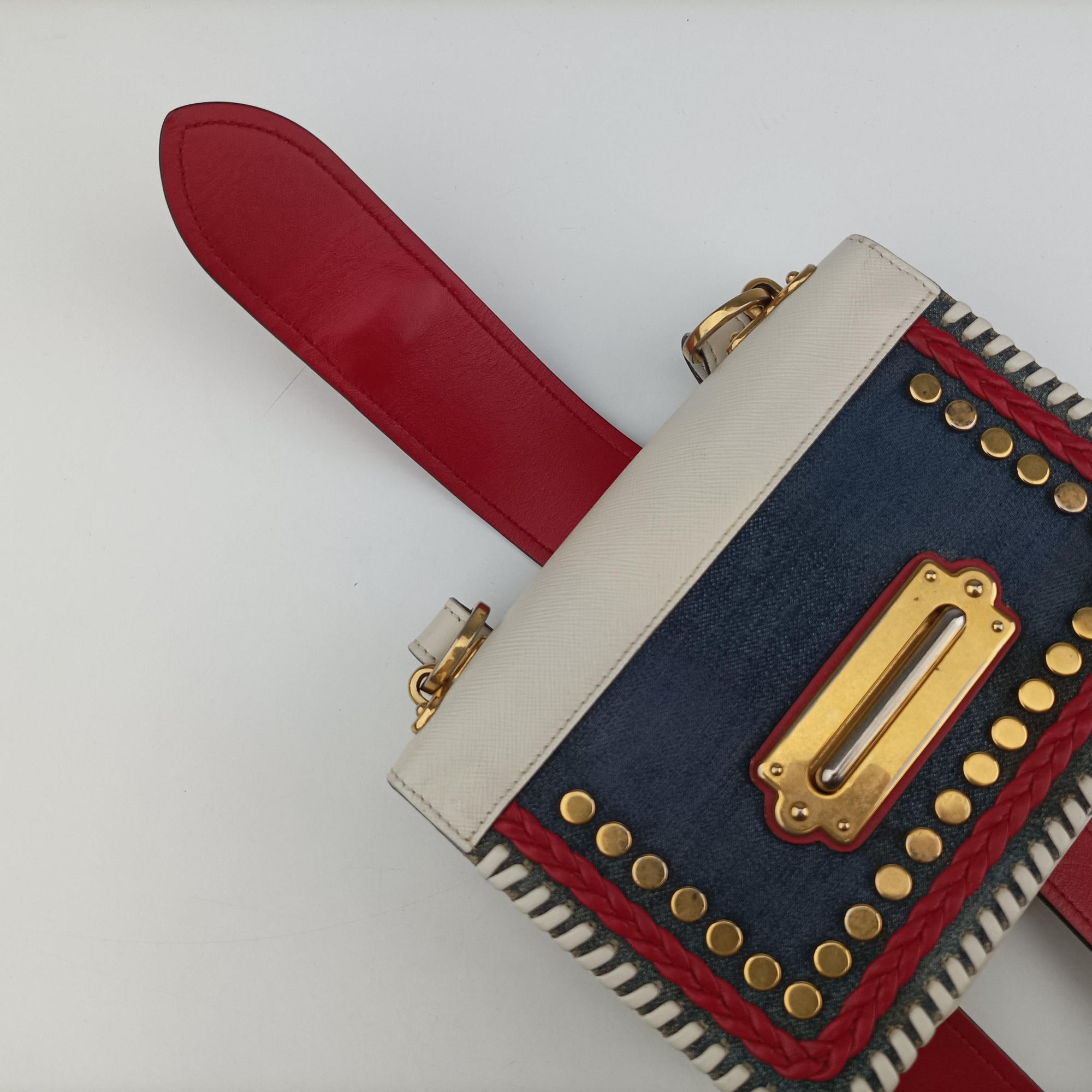 Pre-owned Prada Cahier tassen Leder Multicolour Leather×Denim 1BD045 shoulderbag | stylenewstar