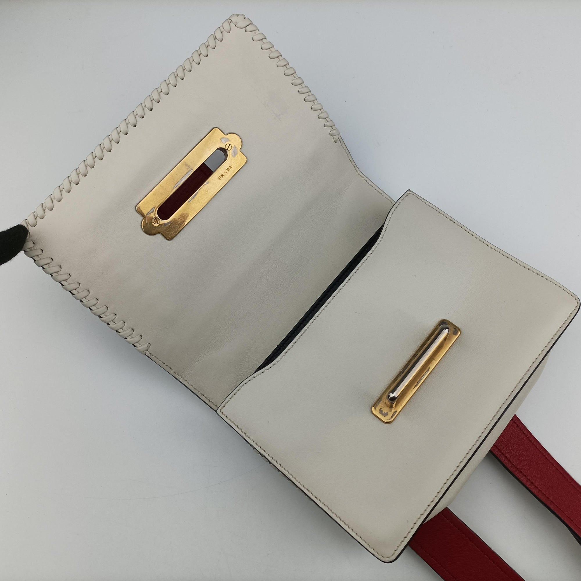 Pre-owned Prada Cahier tassen Leder Multicolour Leather×Denim 1BD045 shoulderbag | stylenewstar