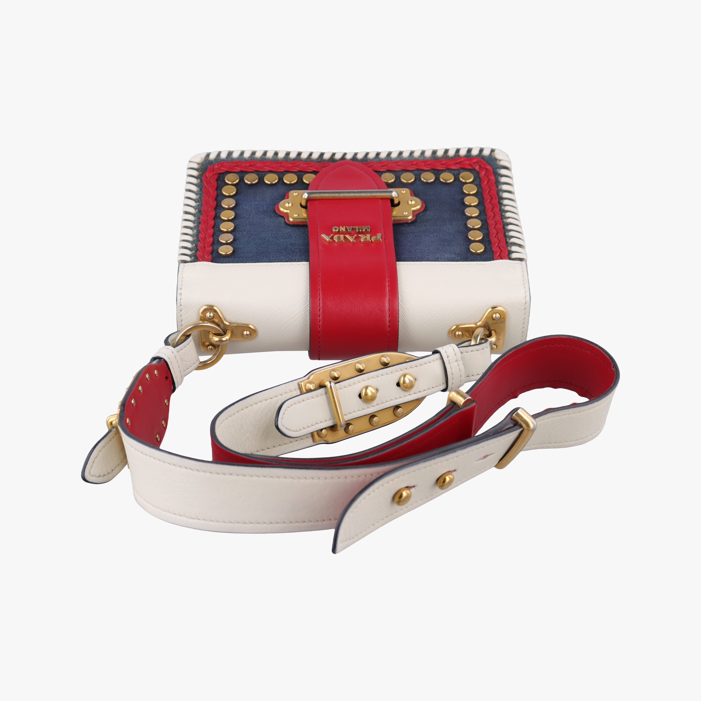 Pre-owned Prada Cahier tassen Leder Multicolour Leather×Denim 1BD045 shoulderbag | stylenewstar