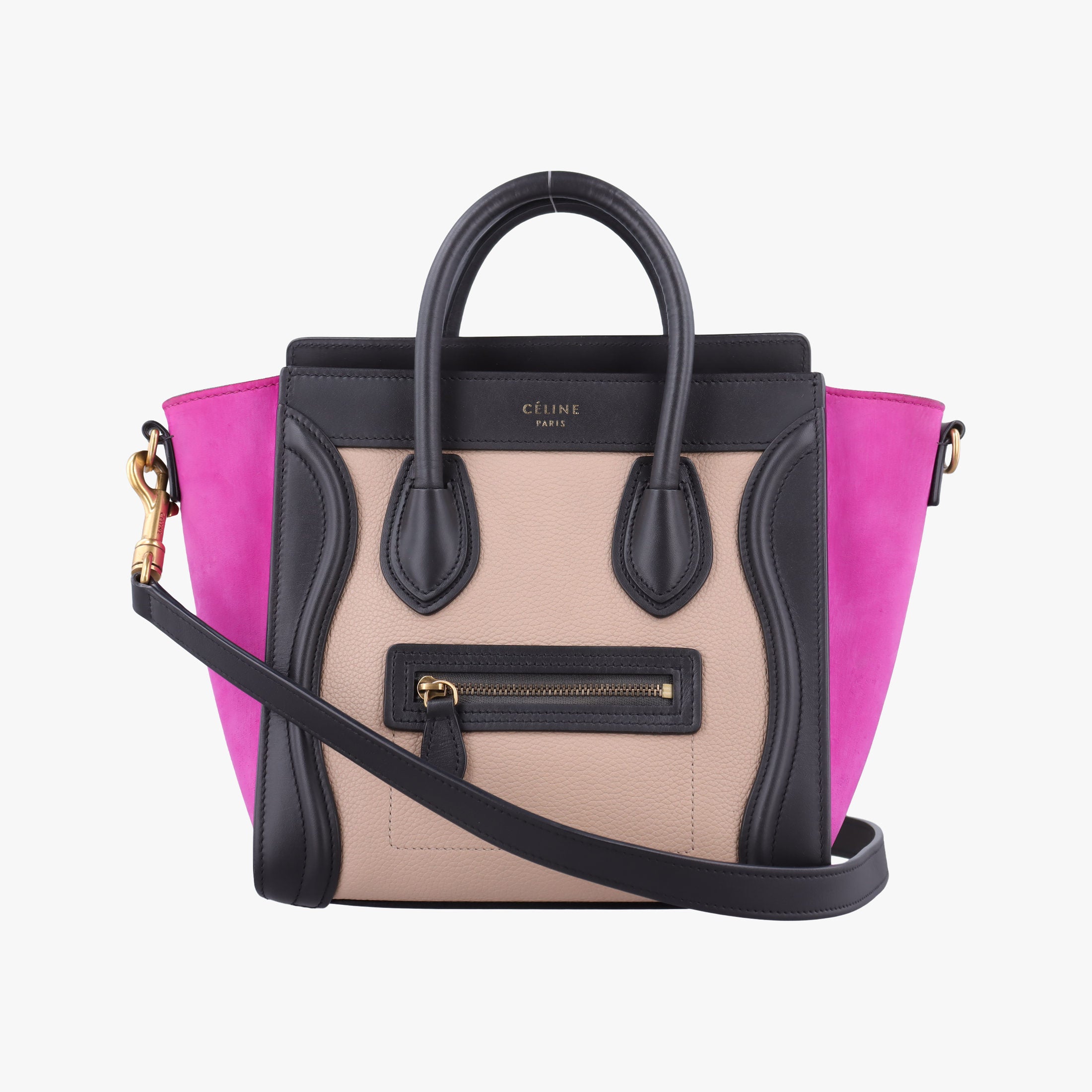 Pre-owned Celine luggage nano shopper Beige x Black x Purple leather x Suede  shoulderbag | stylenewstar