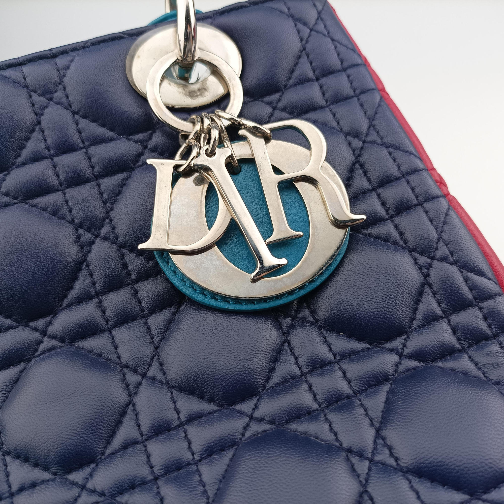 Pre-owned Christian Dior Lady Dior Navy×Pink×Light Blue lambskin  shoulderbag | stylenewstar