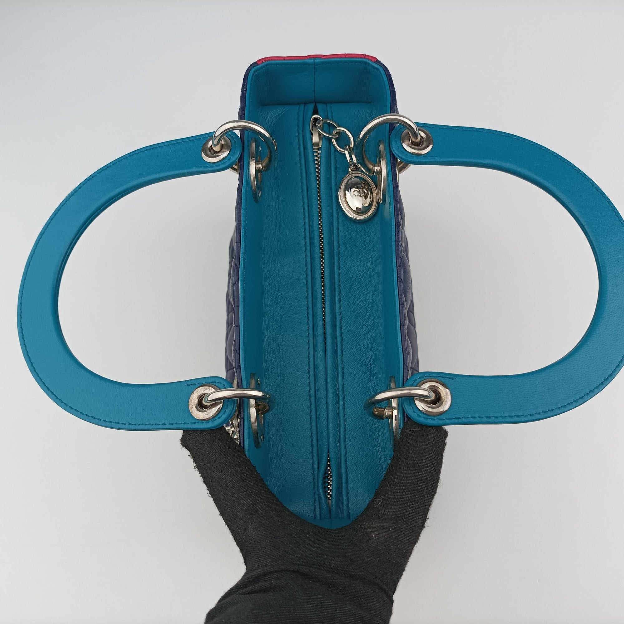 Pre-owned Christian Dior Lady Dior Navy×Pink×Light Blue lambskin  shoulderbag | stylenewstar