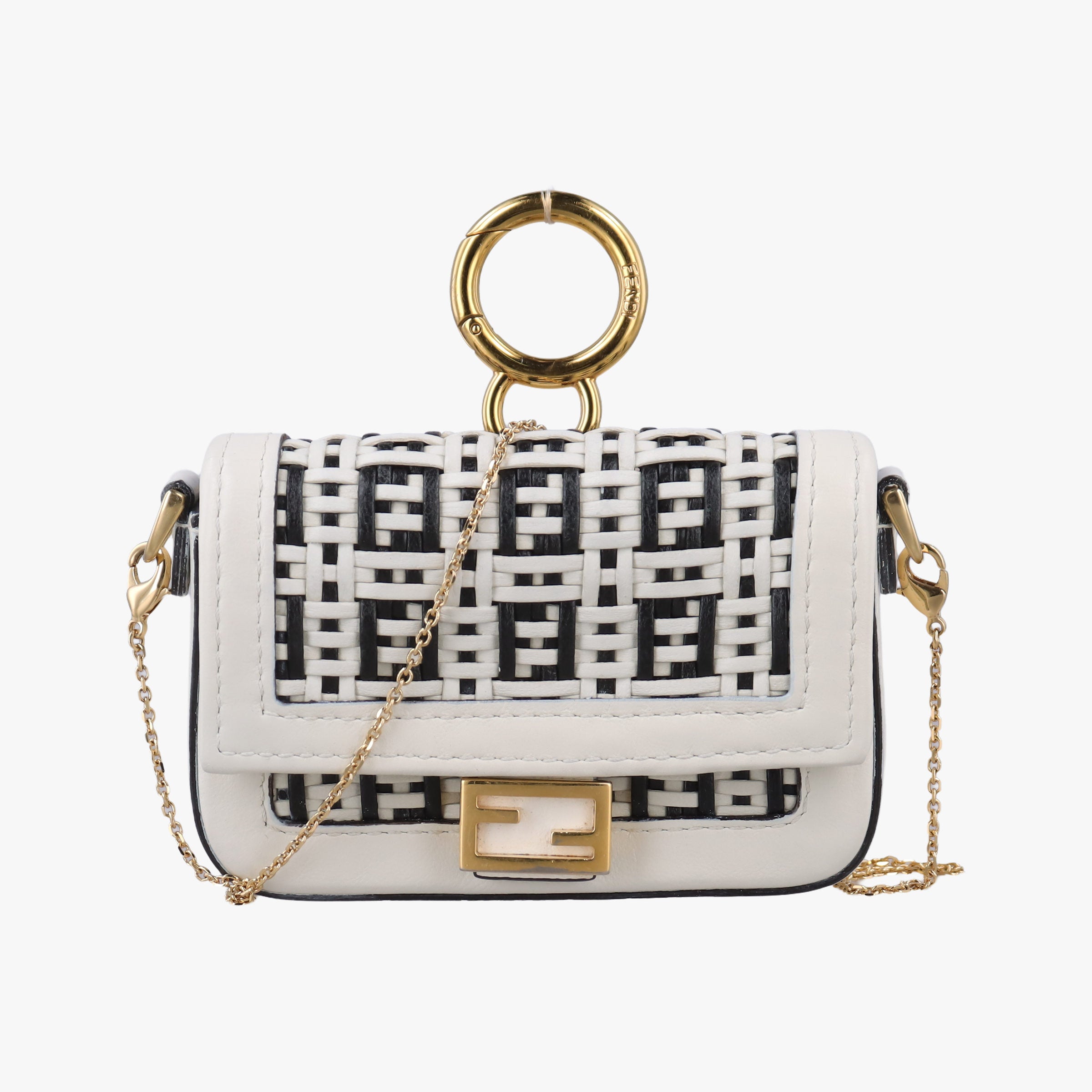 Secondhand Fendi Nano Baguette Charm Black/White Leather 7AR844 shoulderbag | stylenewstar