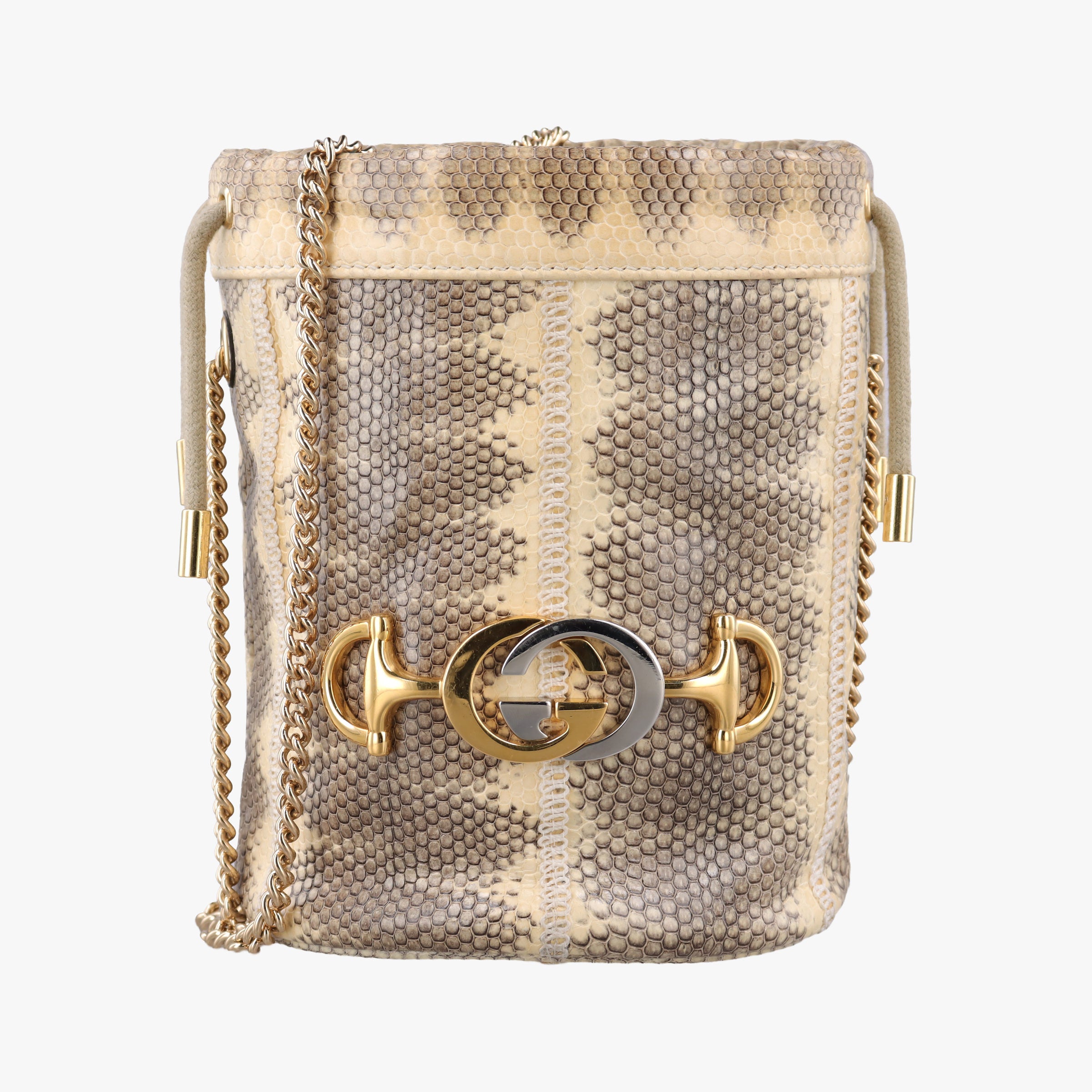 Pre-owned Gucci Zumi Mini Drawstring Bucket Beige x Multicolor snakeskin 576432 shoulderbag | stylenewstar