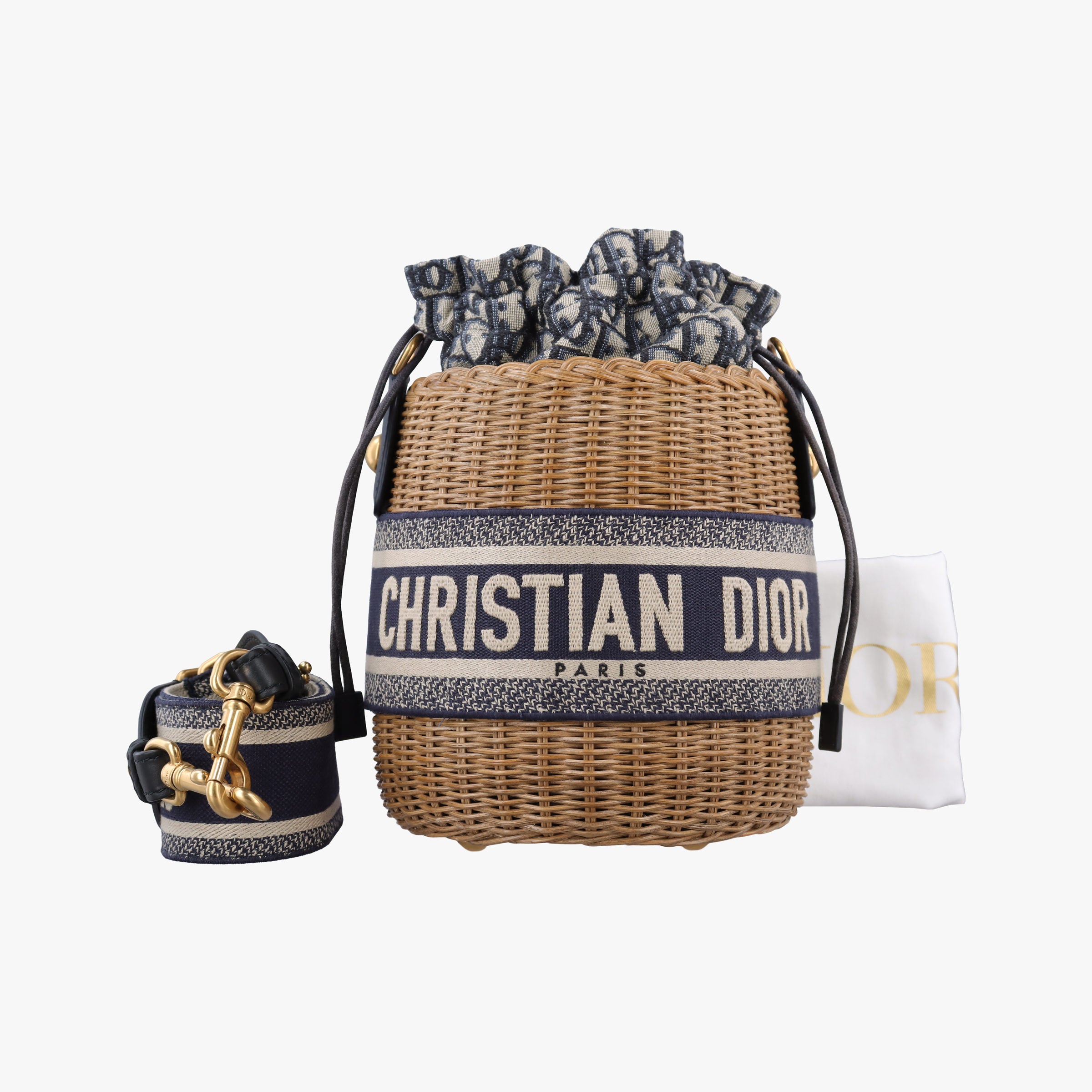 Pre-owned Christian Dior Wicker Basket Camel×Navy Natural wicker×Dior oblique jacquard  shoulderbag | stylenewstar