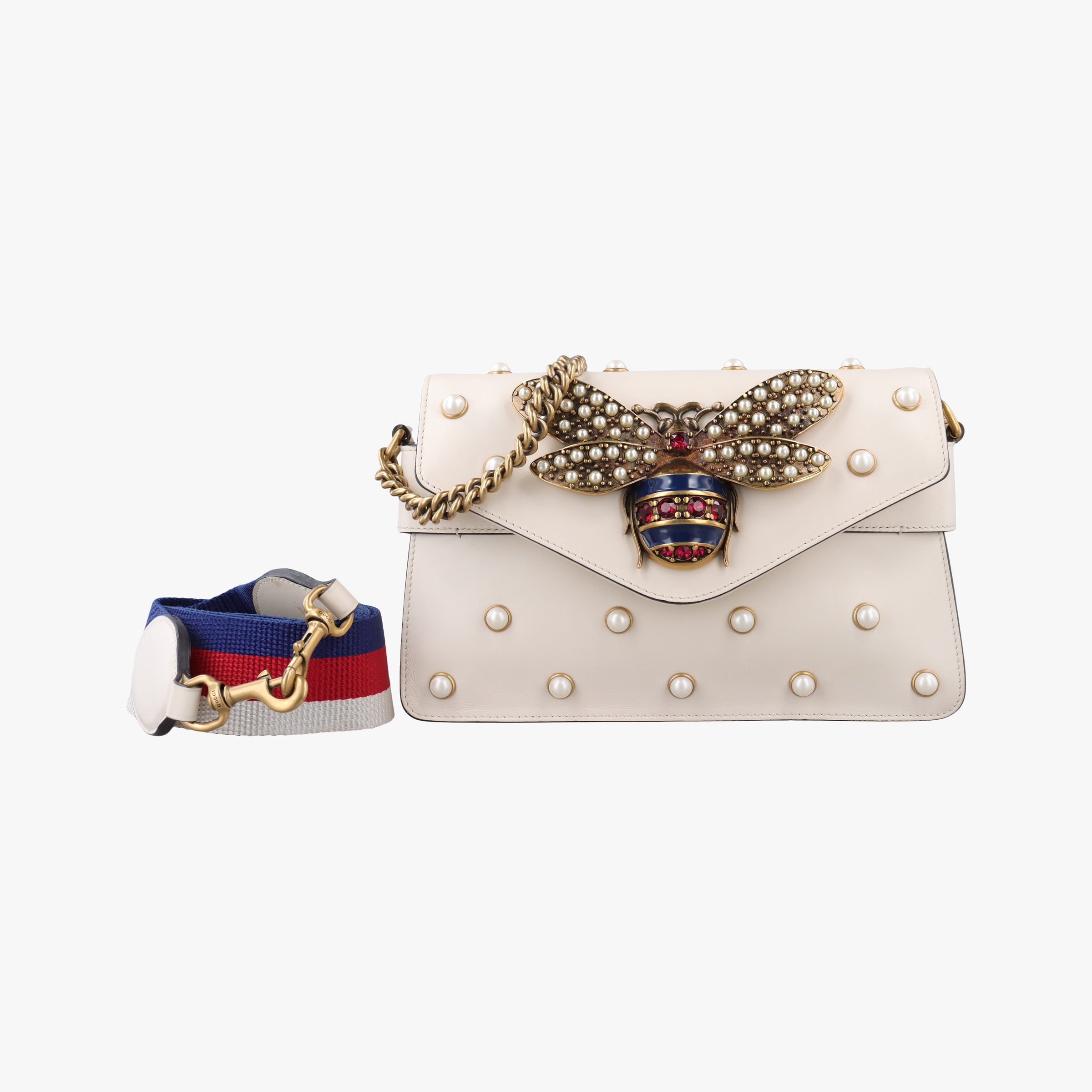 Pre-owned Gucci Broadway Pearl Bee White Leather 453778 shoulderbag | stylenewstar