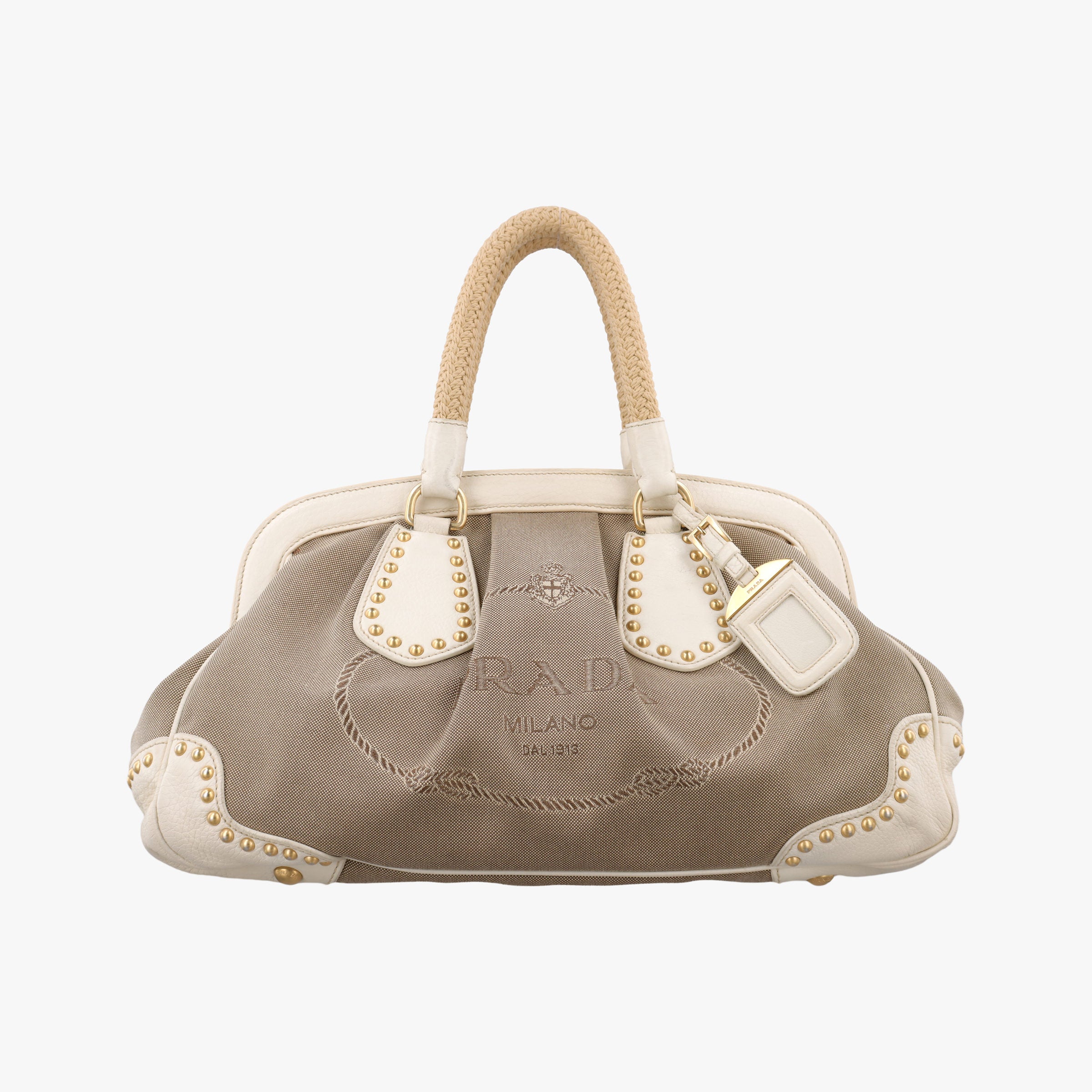 Pre-owned Prada Logo Jacquard Studded Frame Corda × Talco Jacquard Canvas × Vitello Leather  handbag | stylenewstar