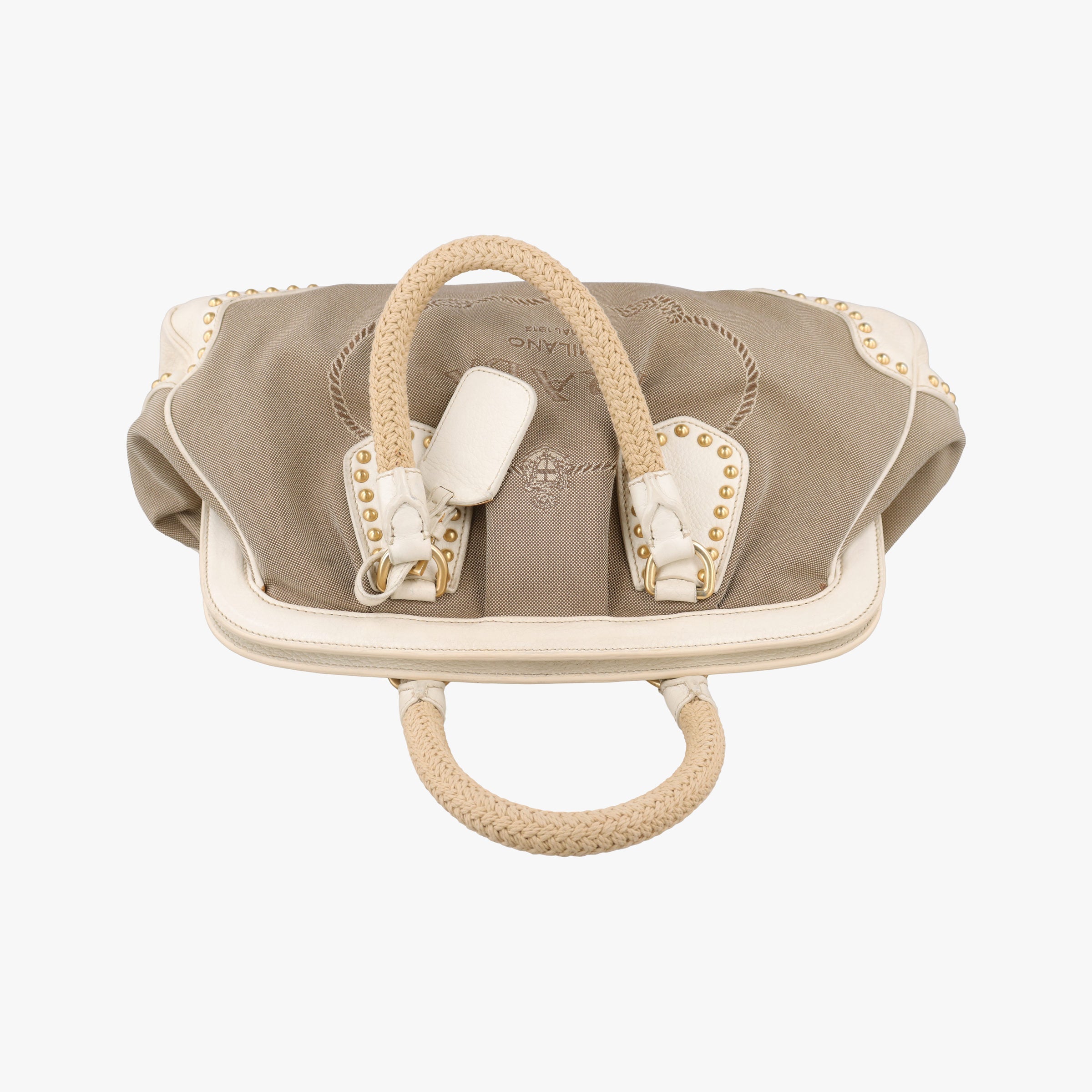 Pre-owned Prada Logo Jacquard Studded Frame Corda × Talco Jacquard Canvas × Vitello Leather  handbag | stylenewstar